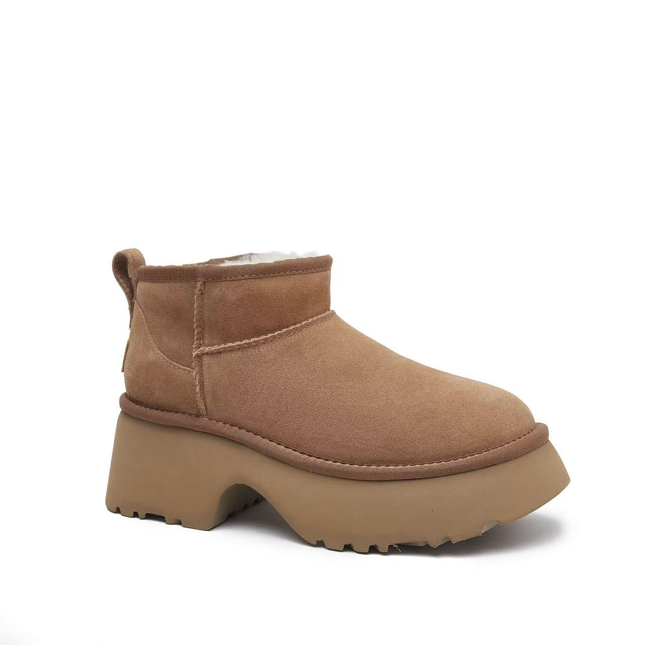 Tan suede platform ankle boot with chunky sole, side view. - Yellow Earth Australia