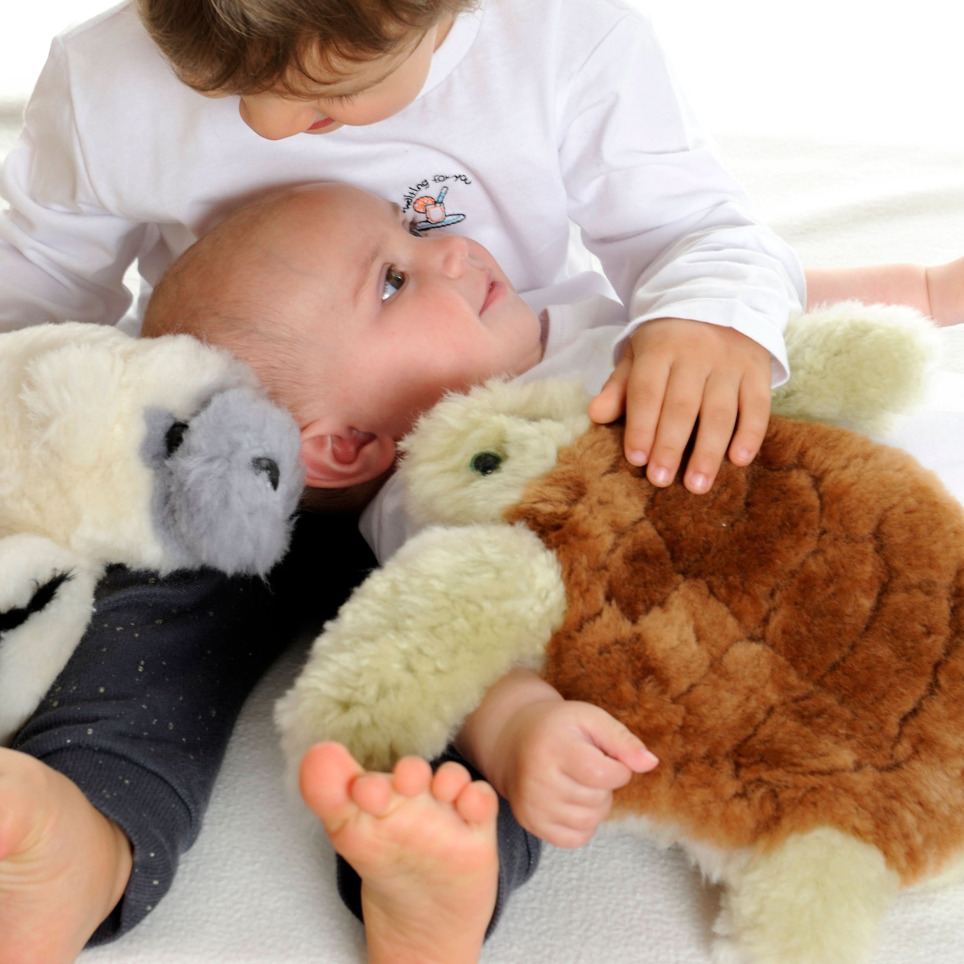 Soft sheepskin teddy bears in cream, grey and brown wool displayed with baby. - Yellow Earth Australia