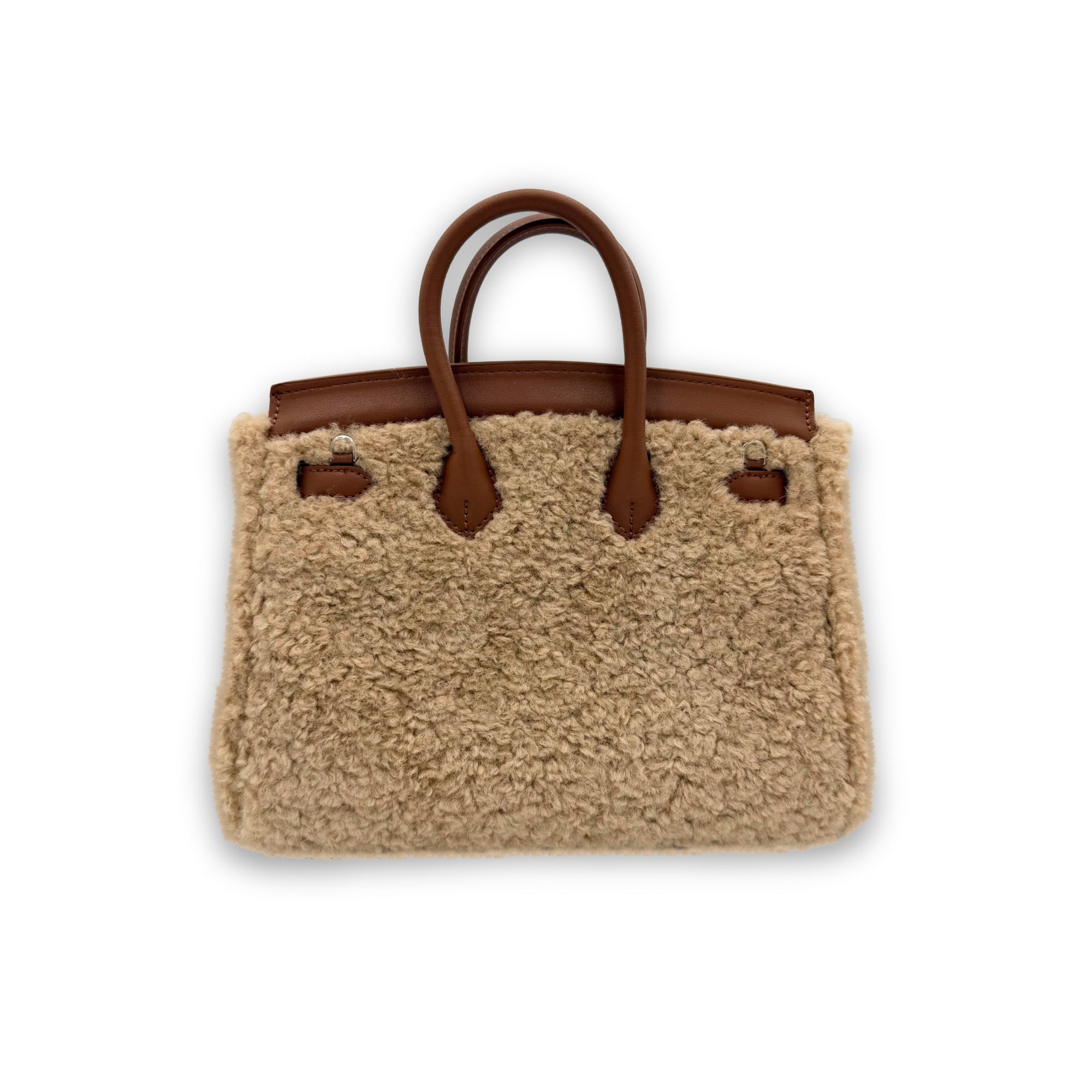 Beige sheepskin tote bag with brown leather handles, front view. - Yellow Earth Australia