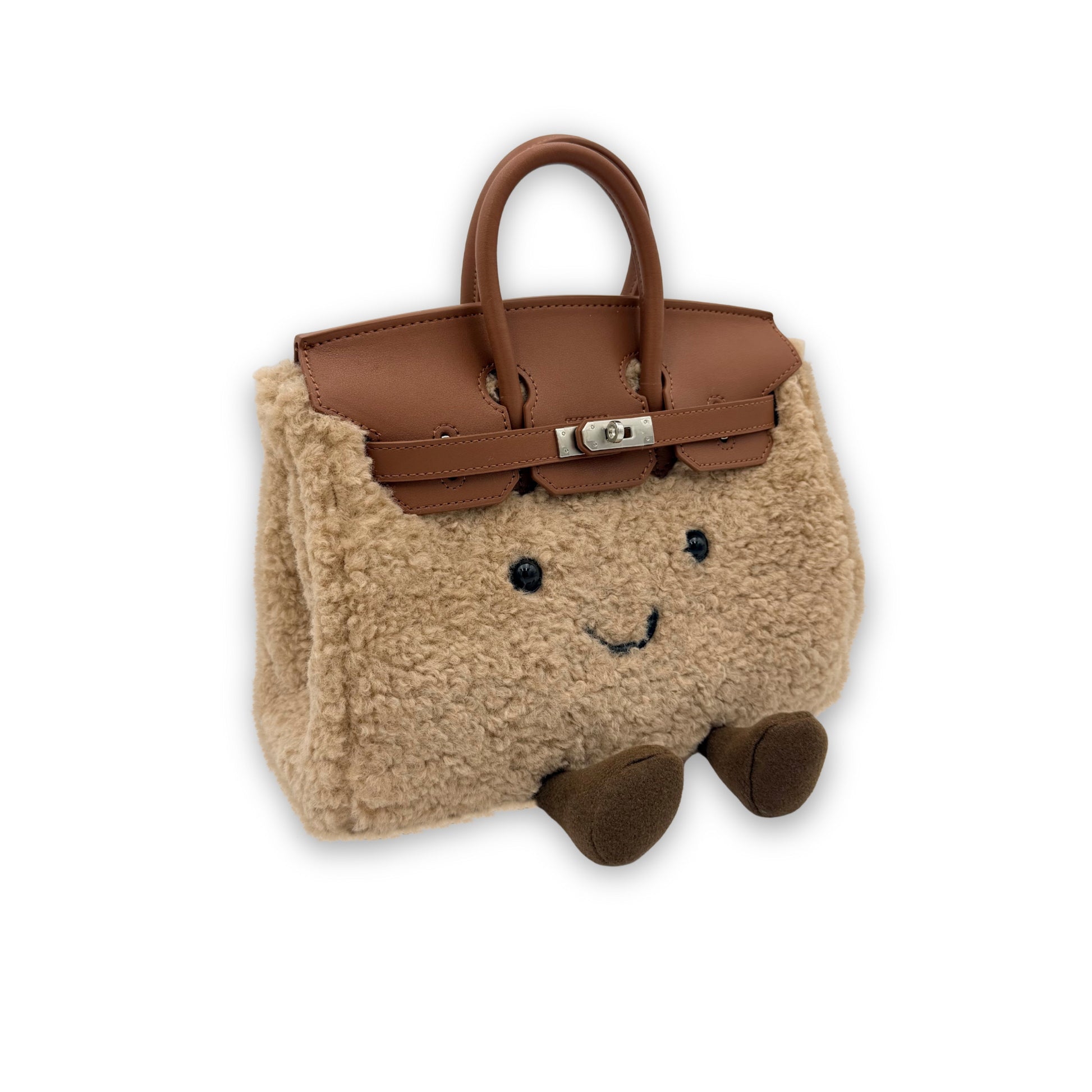 Cute beige sheepskin handbag with brown leather handles and embroidered face details, front view. - Yellow Earth Australia