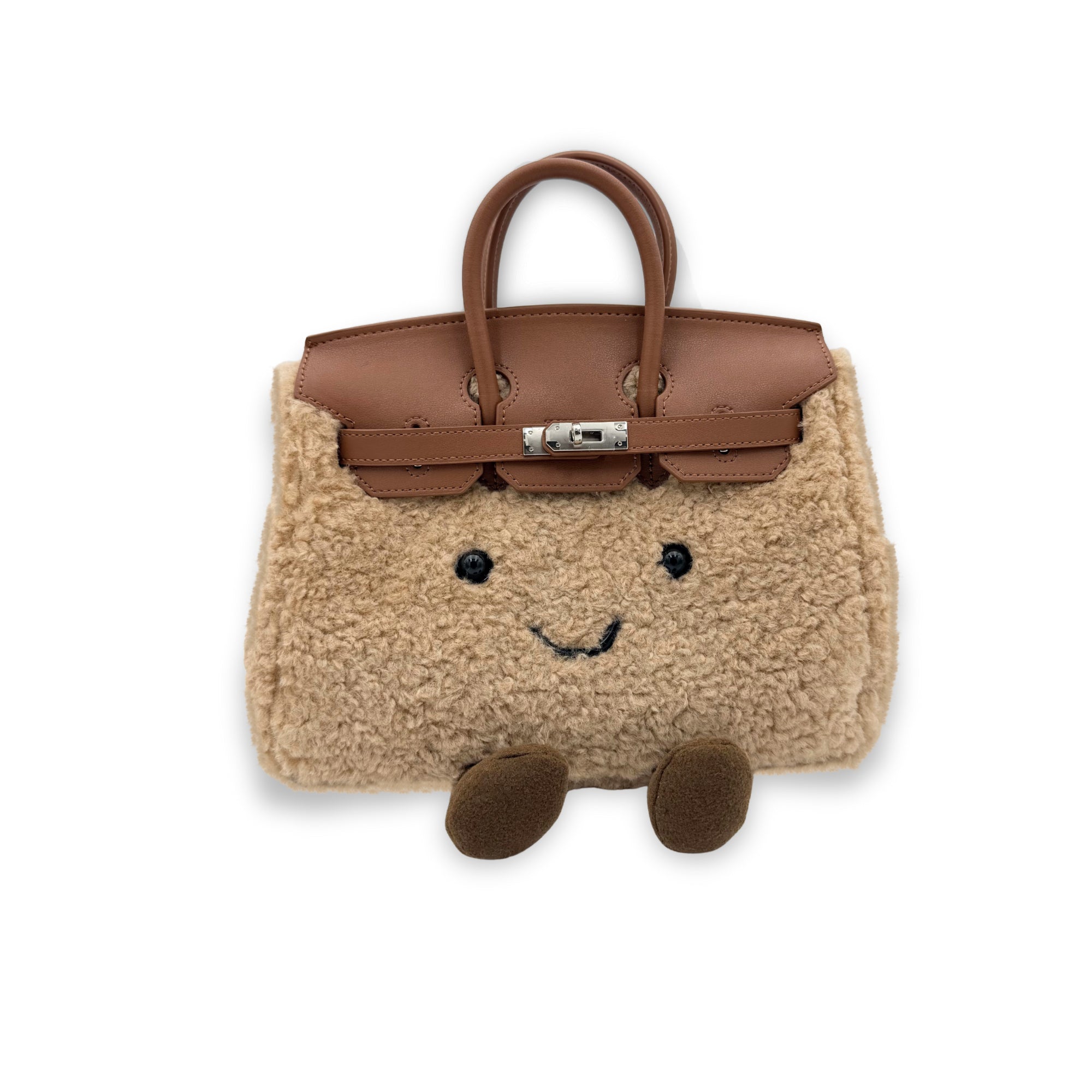 Beige sheepskin handbag with cute face and brown leather handles, front view. - Yellow Earth Australia