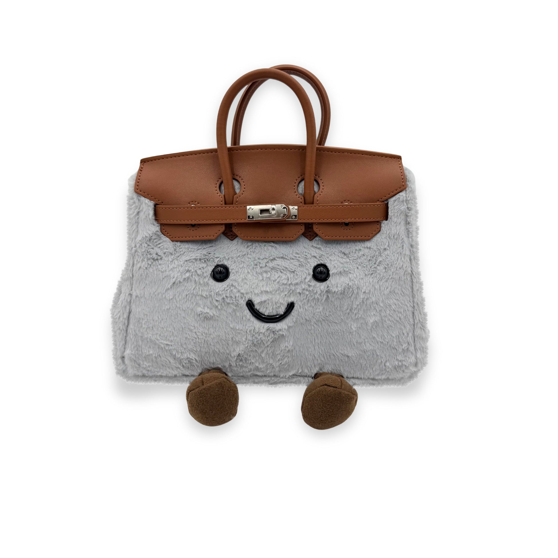 Cute grey sheepskin handbag with brown leather handles and embroidered face, front view. - Yellow Earth Australia
