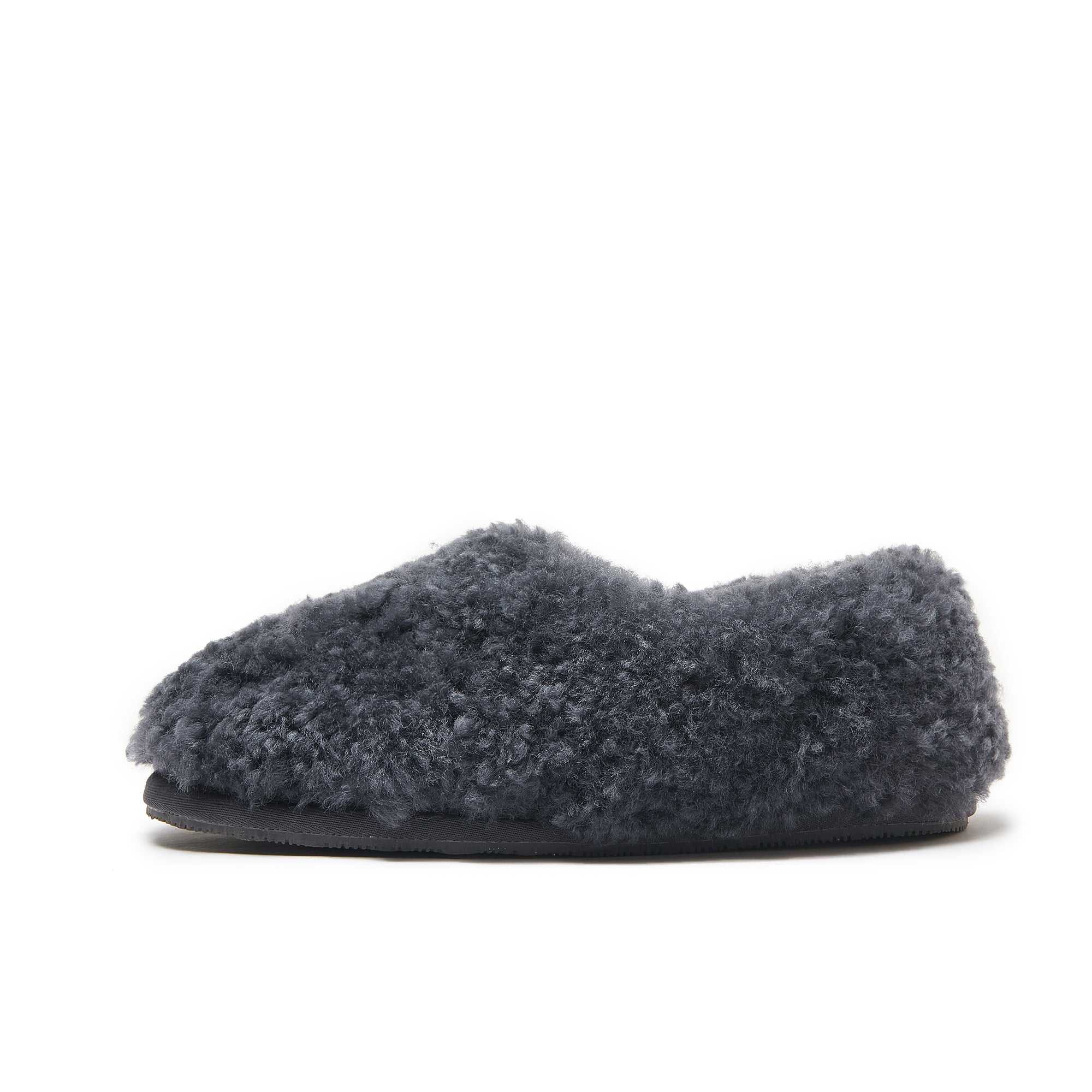 Charcoal grey sheepskin slipper with fluffy wool upper, side view. - Yellow Earth Australia