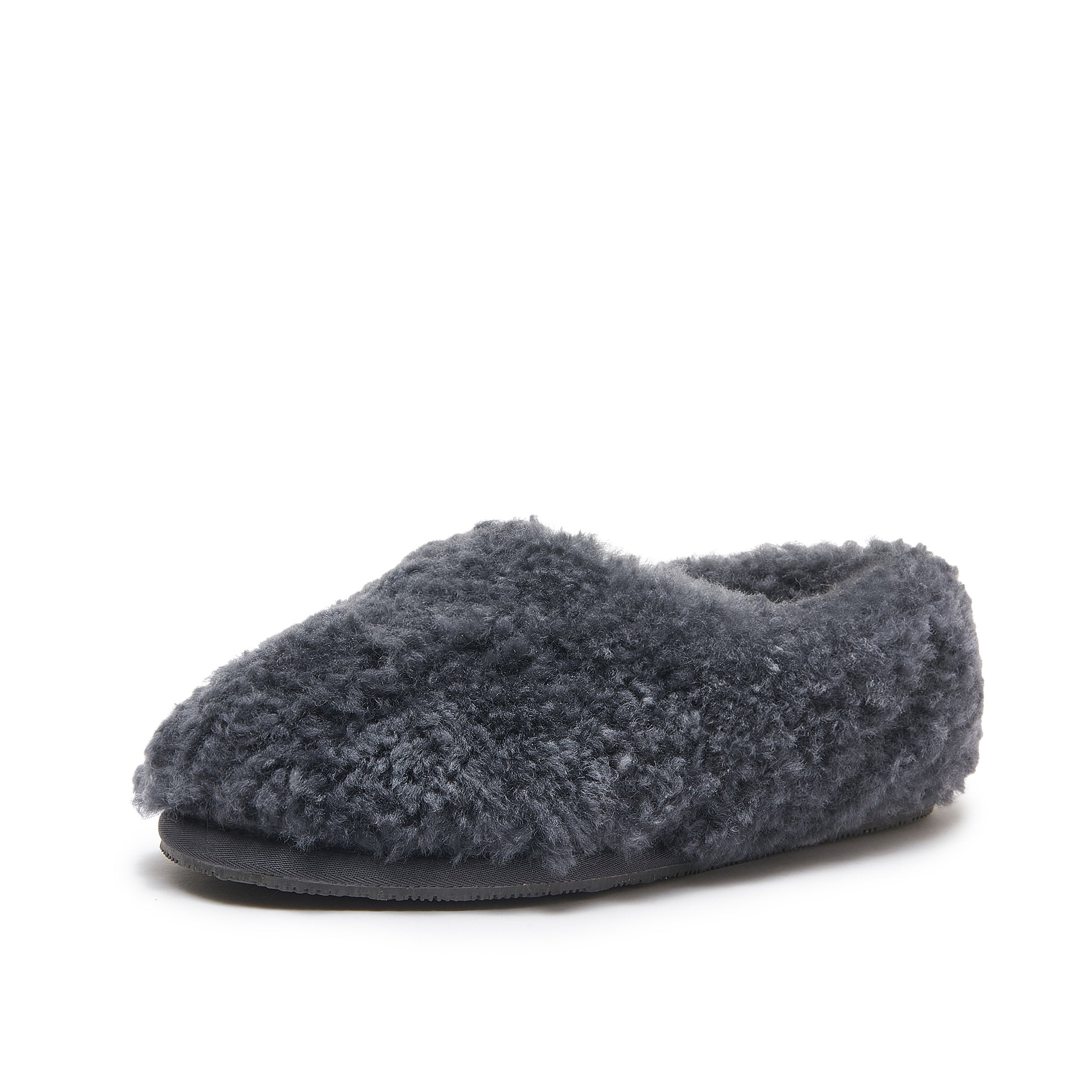 Grey fuzzy sheepskin slipper with dark sole, side view. - Yellow Earth Australia