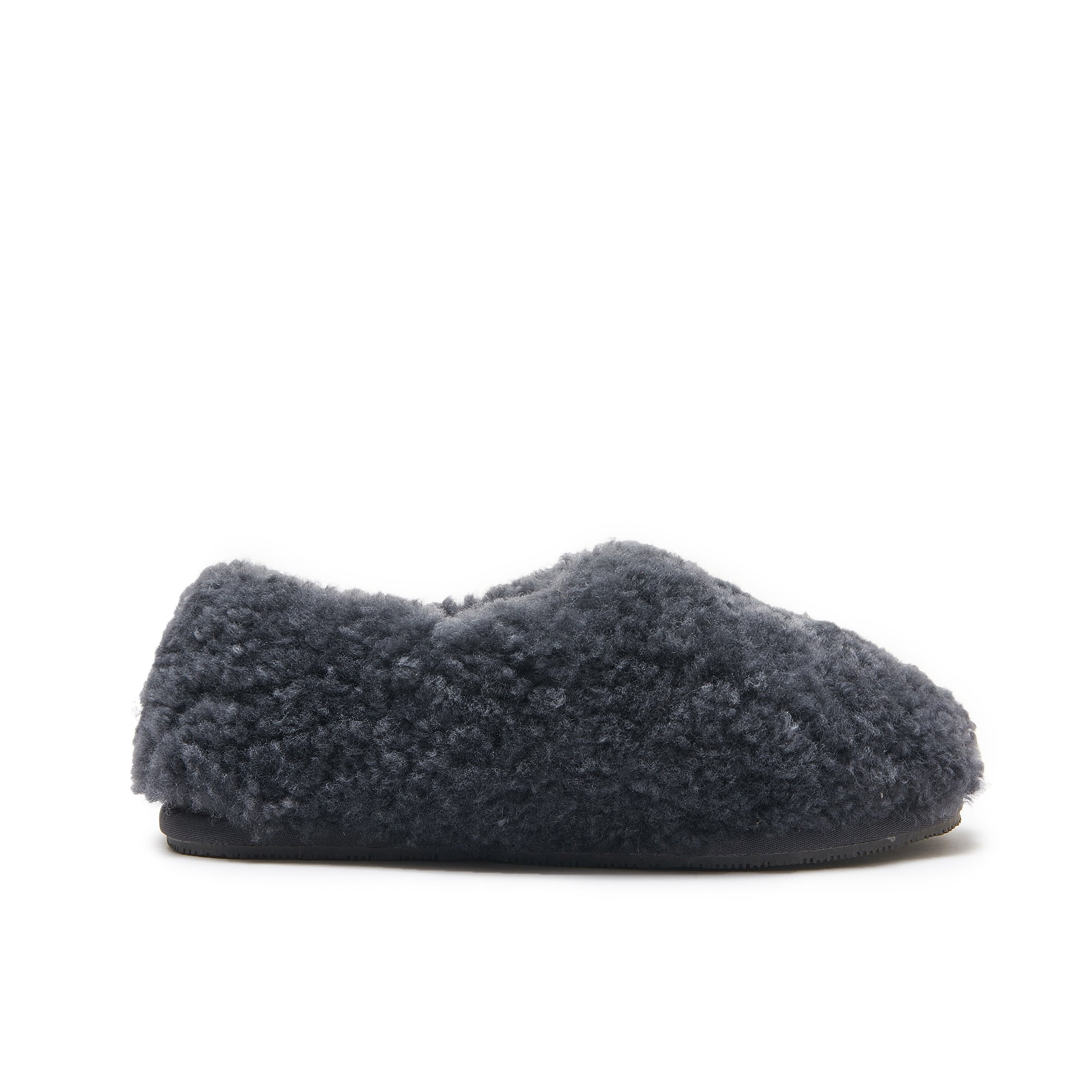 Charcoal grey sheepskin slipper with fluffy wool upper, side view. - Yellow Earth Australia
