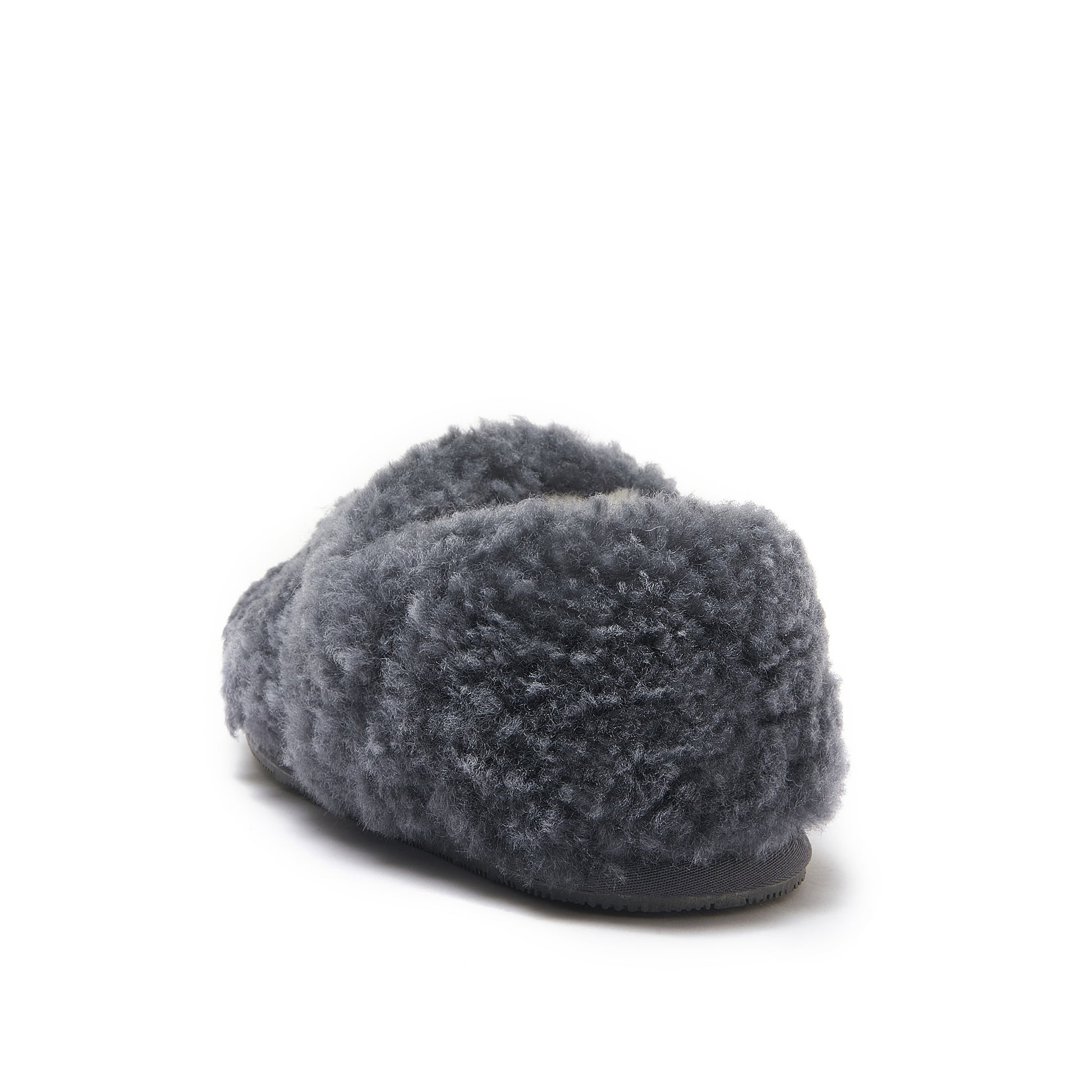 Grey sheepskin slipper with fuzzy wool lining, rear three-quarter view. - Yellow Earth Australia