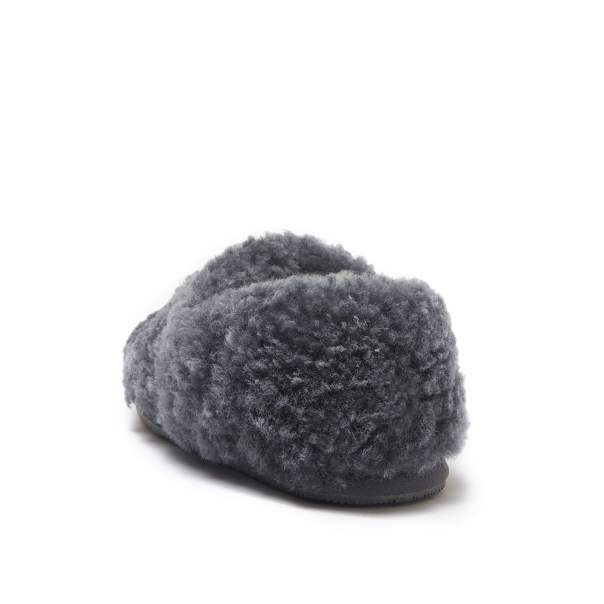 Grey sheepskin slipper with fuzzy wool lining, rear three-quarter view. - Yellow Earth Australia