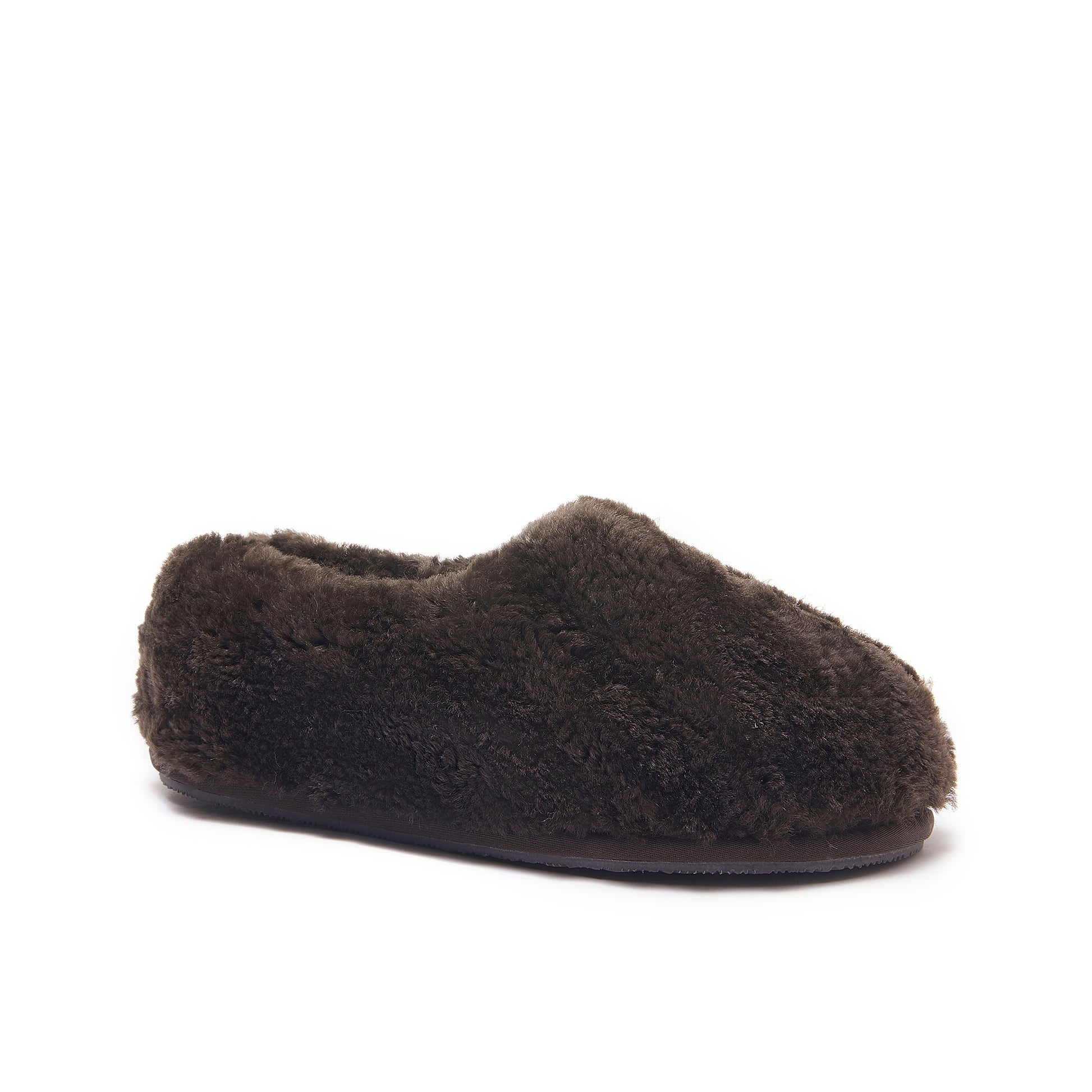 Dark brown sheepskin slipper with fluffy wool upper and sole, side view. - Yellow Earth Australia