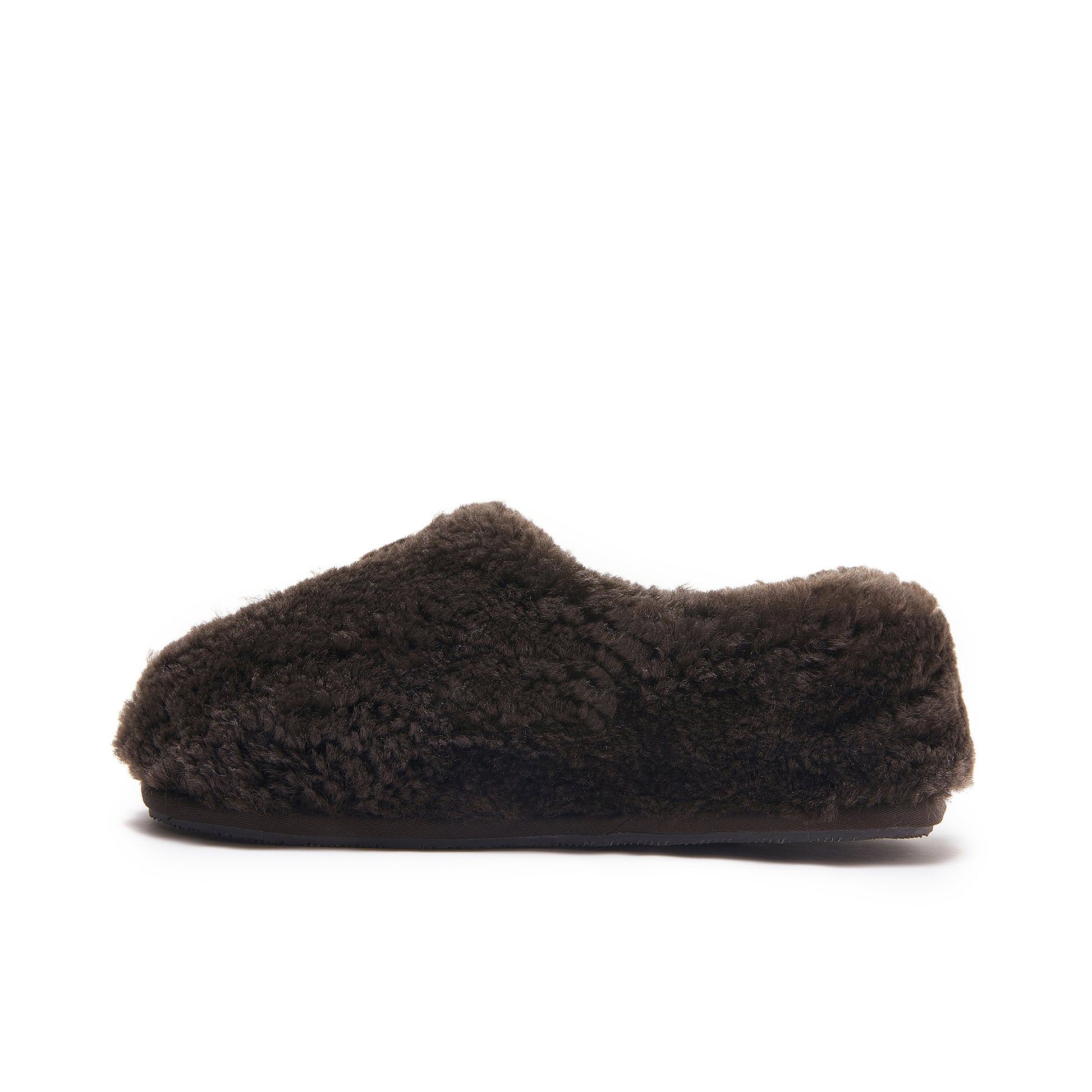 Dark brown sheepskin slipper with plush wool upper, side view. - Yellow Earth Australia