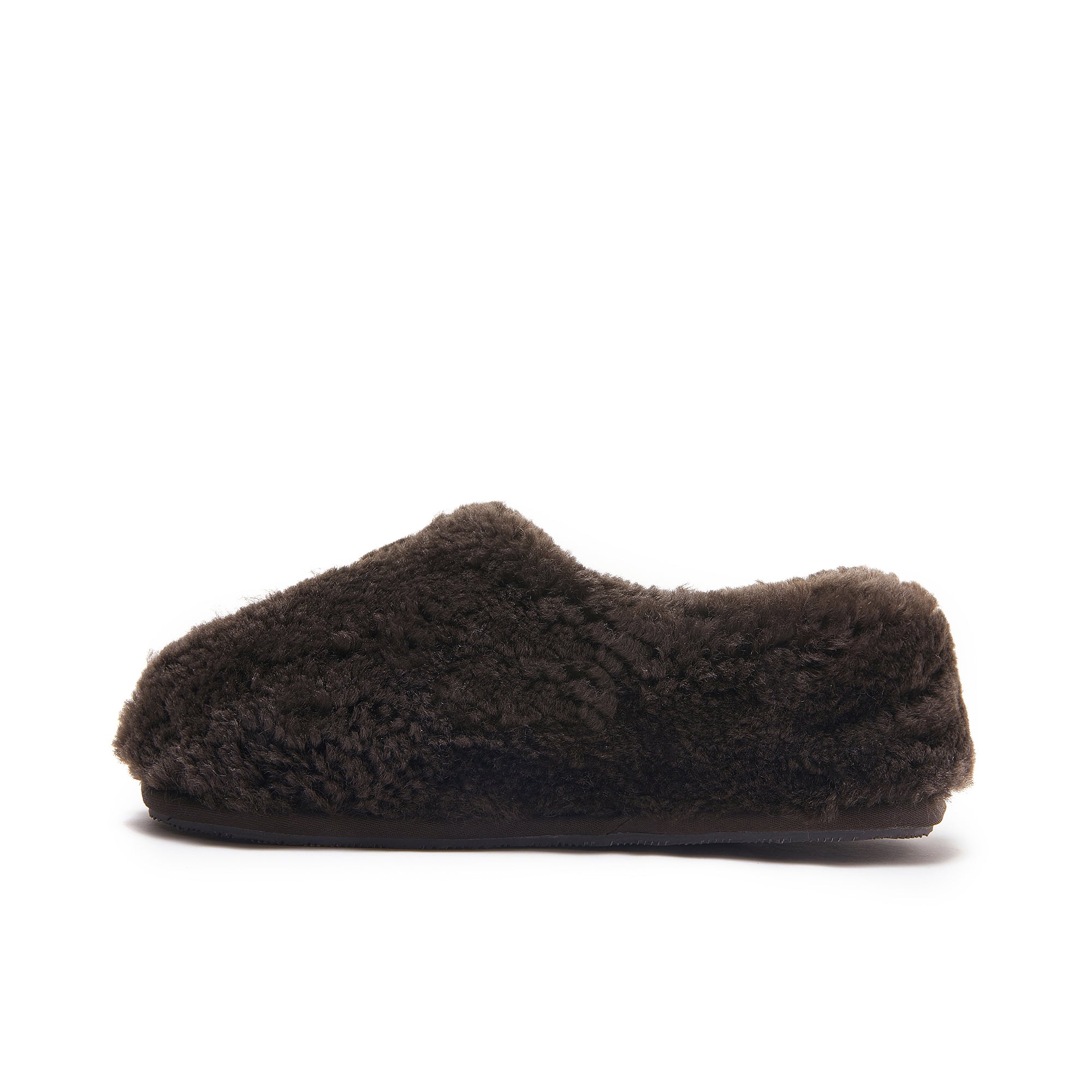 Dark brown sheepskin slipper with plush wool upper, side view. - Yellow Earth Australia