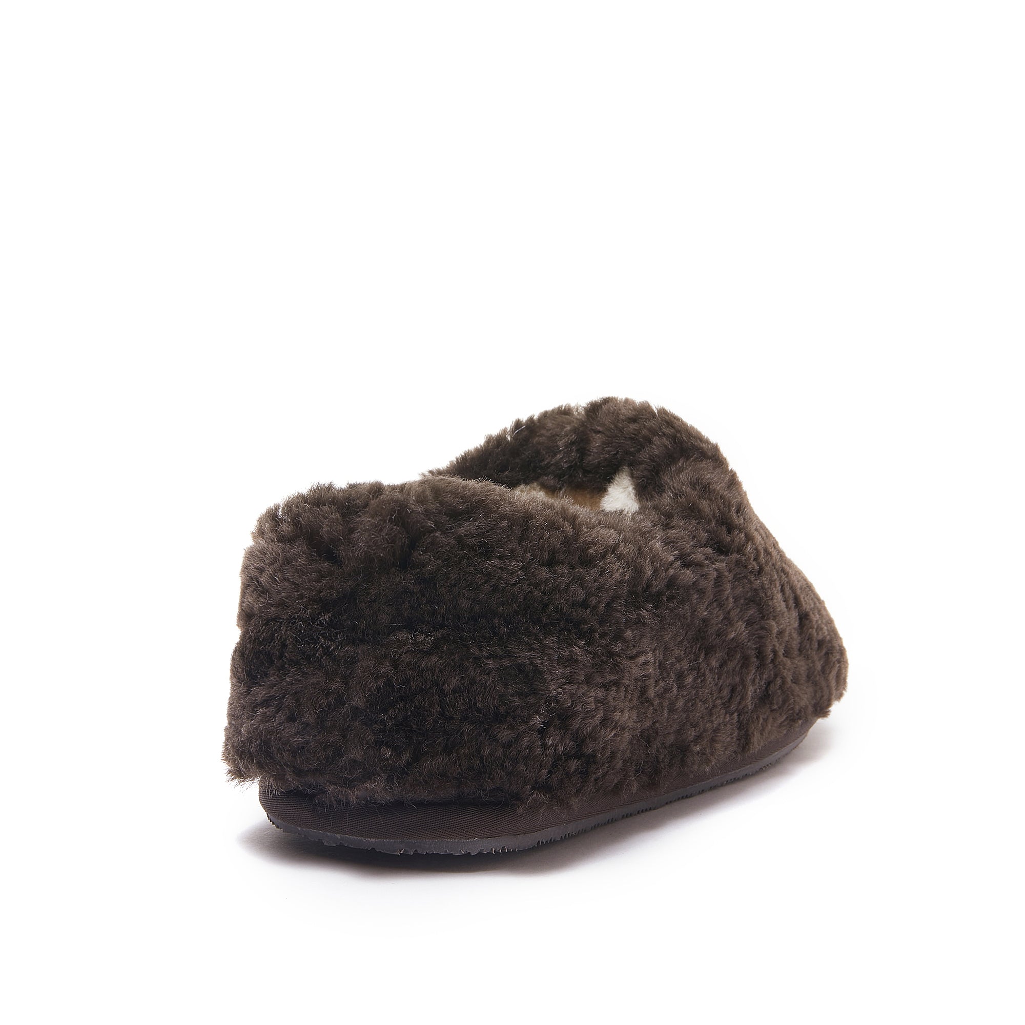 Charcoal grey sheepskin slipper with fluffy wool lining, side view. - Yellow Earth Australia