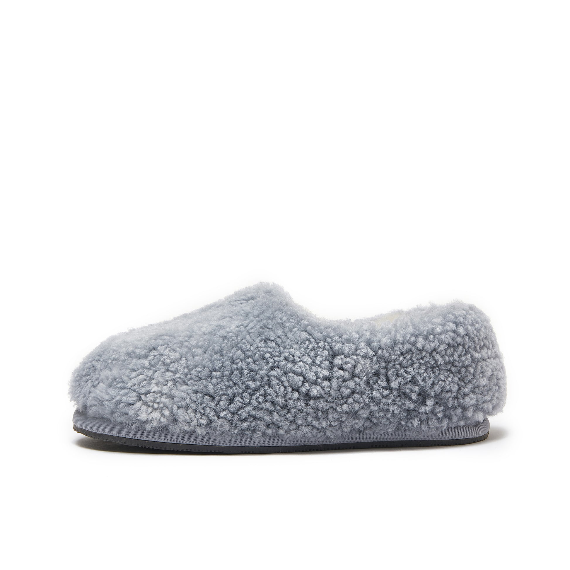 Grey sheepskin wool slipper with plush fleece lining, side view. - Yellow Earth Australia