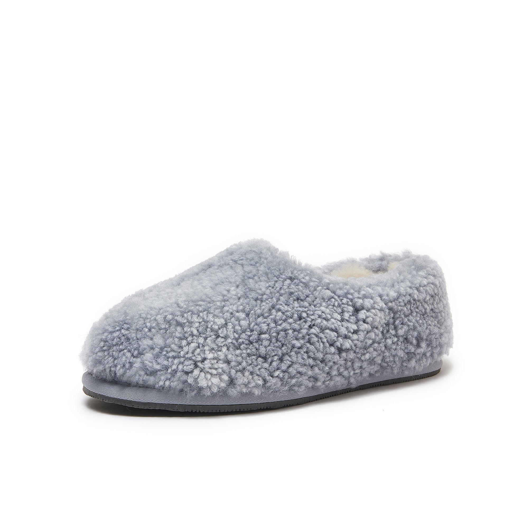 Grey sheepskin wool slipper with fluffy texture, side view on white background. - Yellow Earth Australia