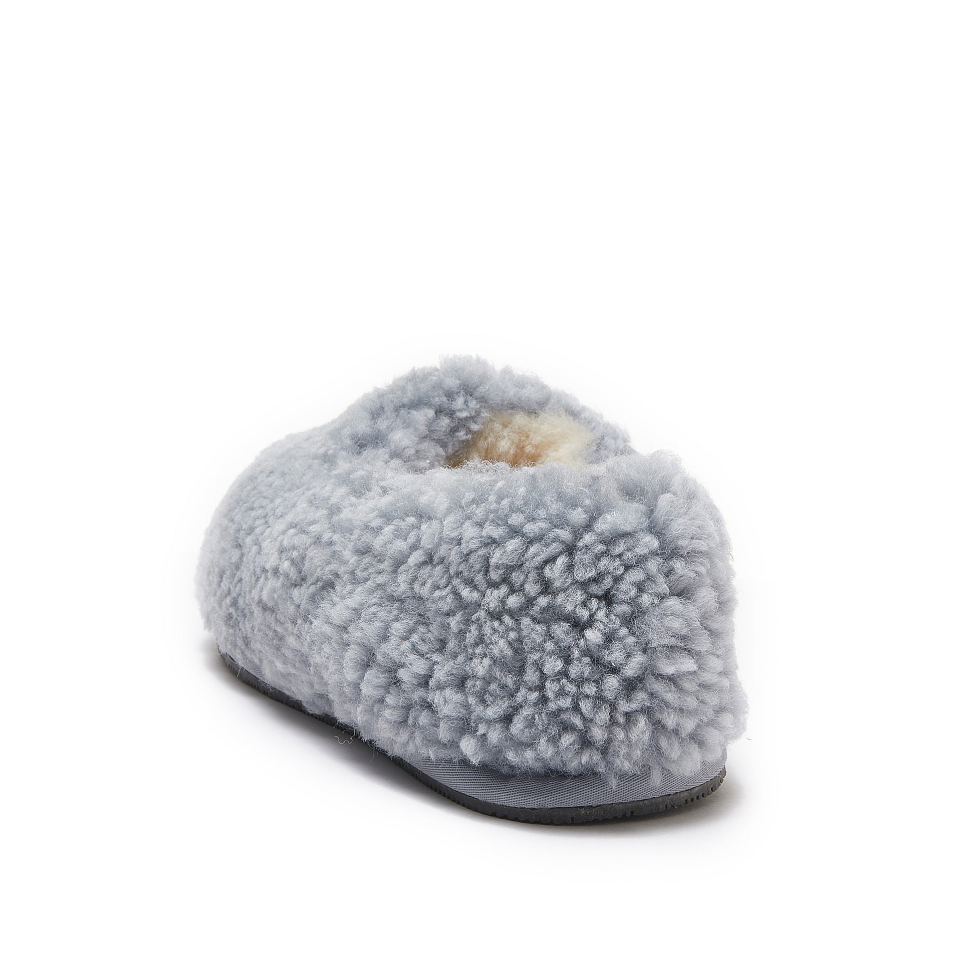 Grey sheepskin wool slipper with fluffy texture, side view. - Yellow Earth Australia