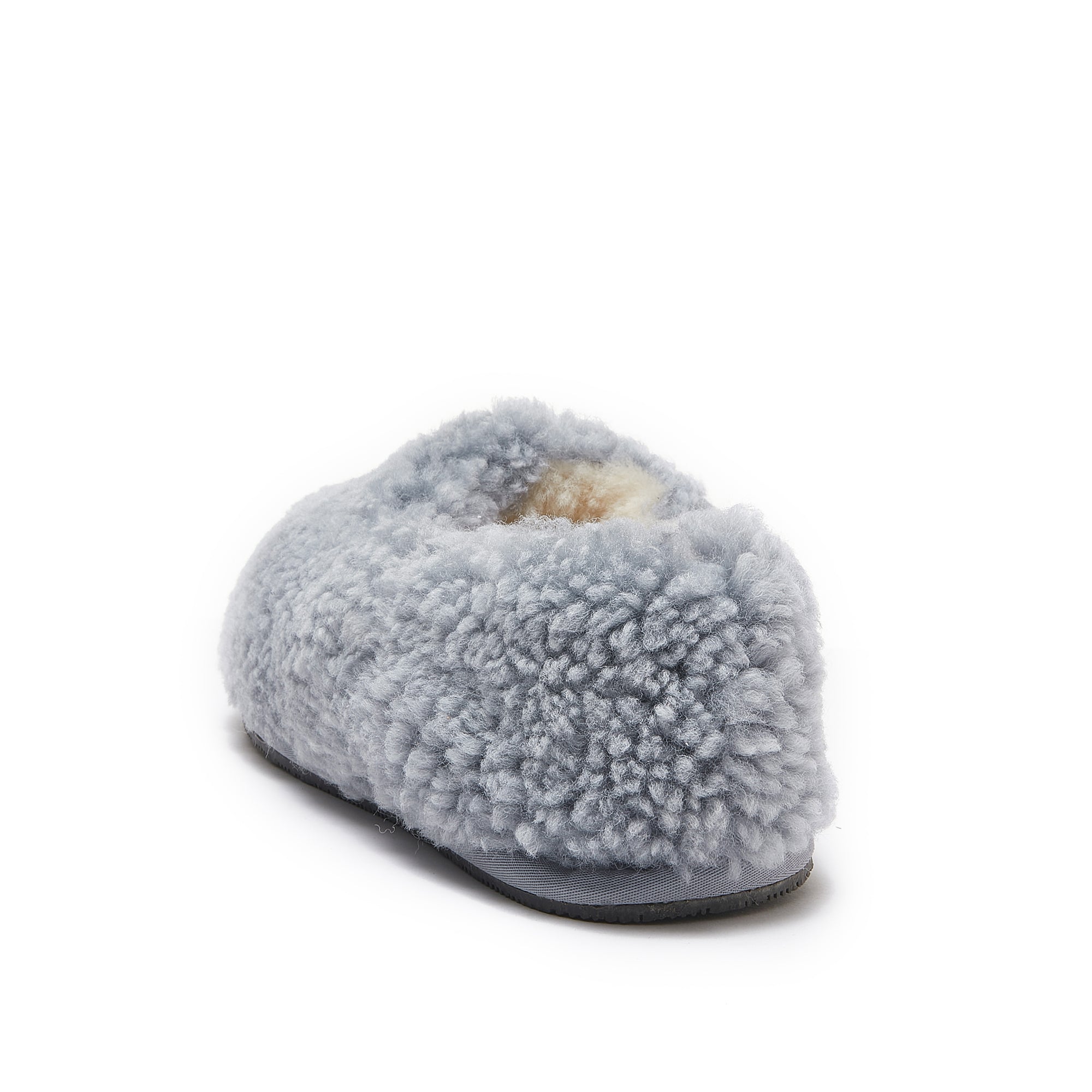 Grey sheepskin wool slipper with fluffy texture, side view. - Yellow Earth Australia