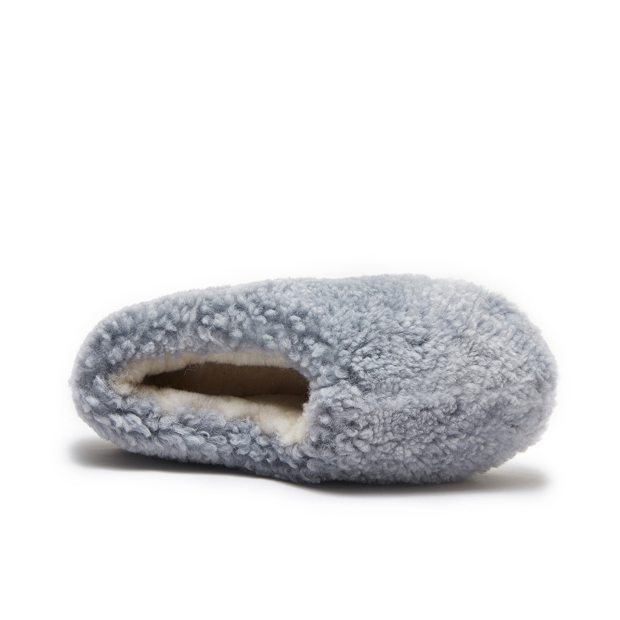 Grey wool slipper with plush sheepskin lining, side view on white background. - Yellow Earth Australia