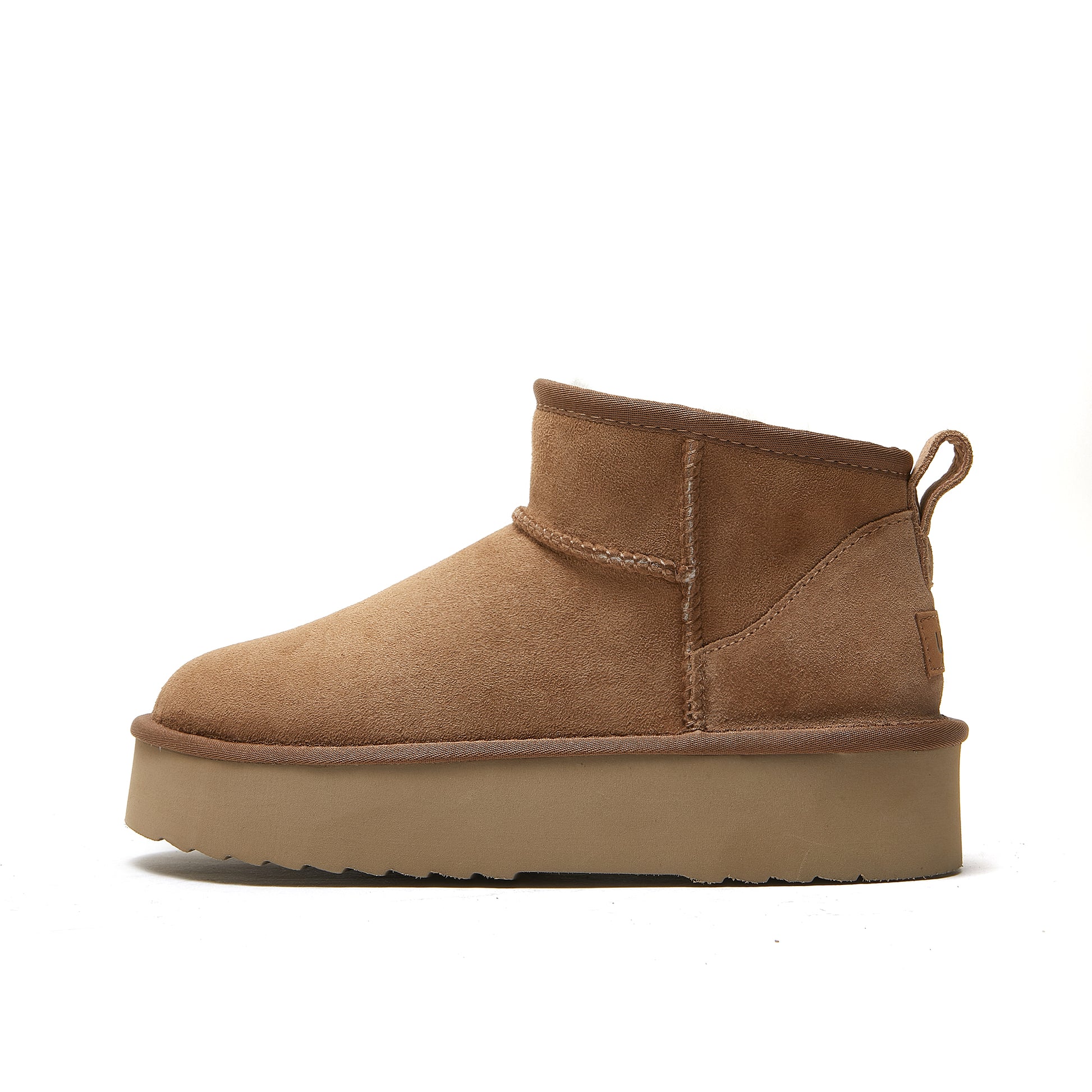 Caramel suede platform ankle boot with sheepskin lining, side view. - Yellow Earth Australia