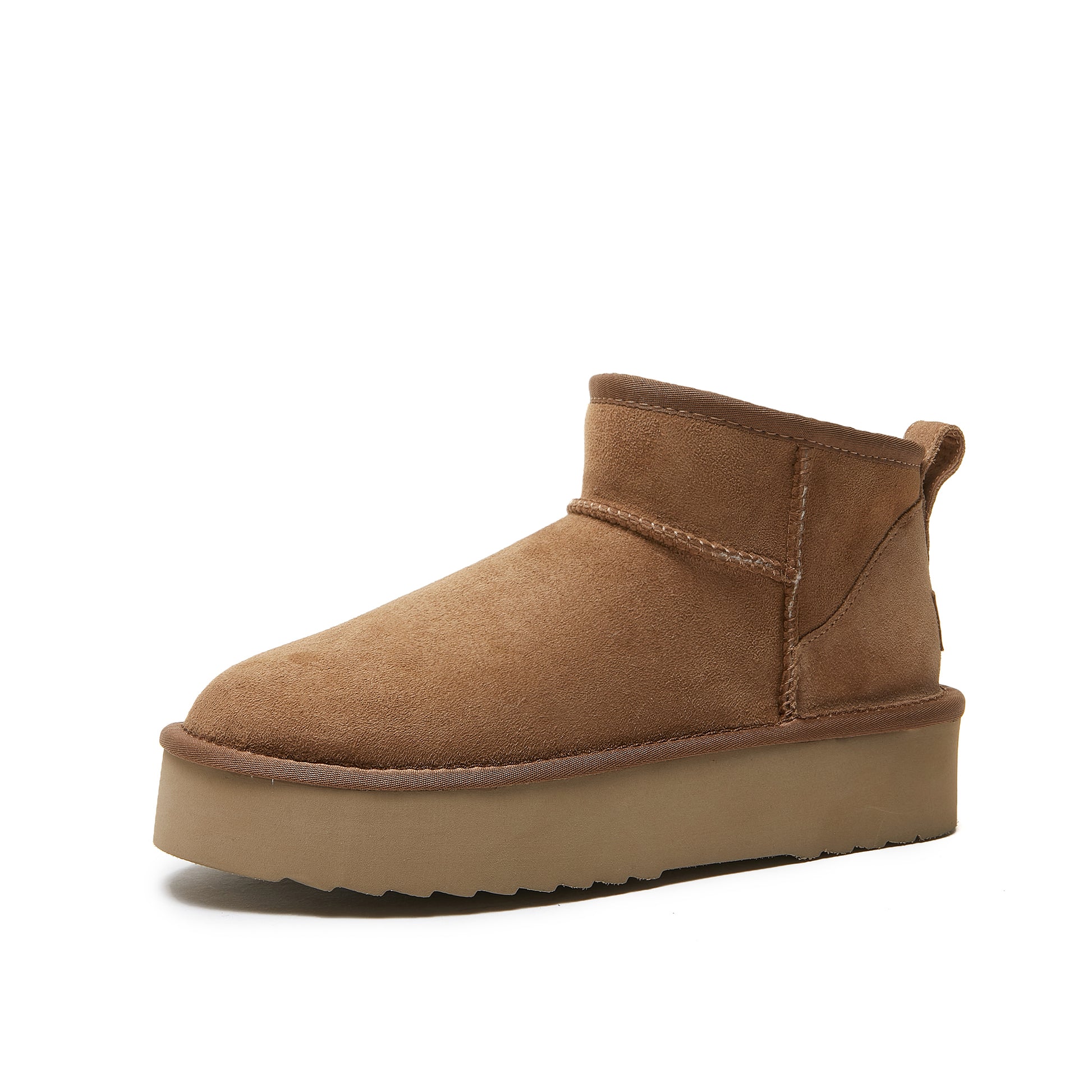 Chestnut suede platform ankle boot with sheepskin lining, side view. - Yellow Earth Australia