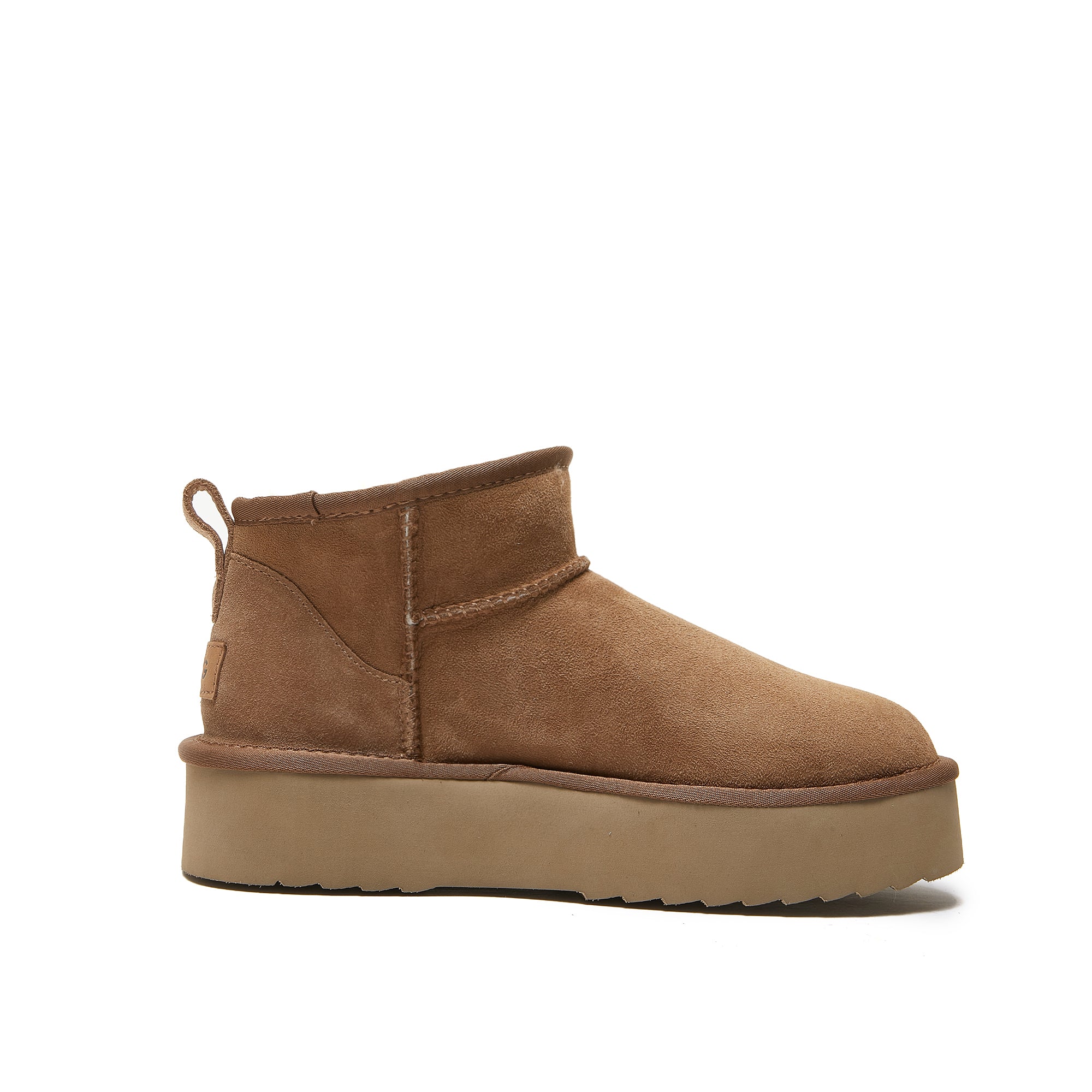 Tan suede platform ankle boot with sheepskin lining, side view. - Yellow Earth Australia