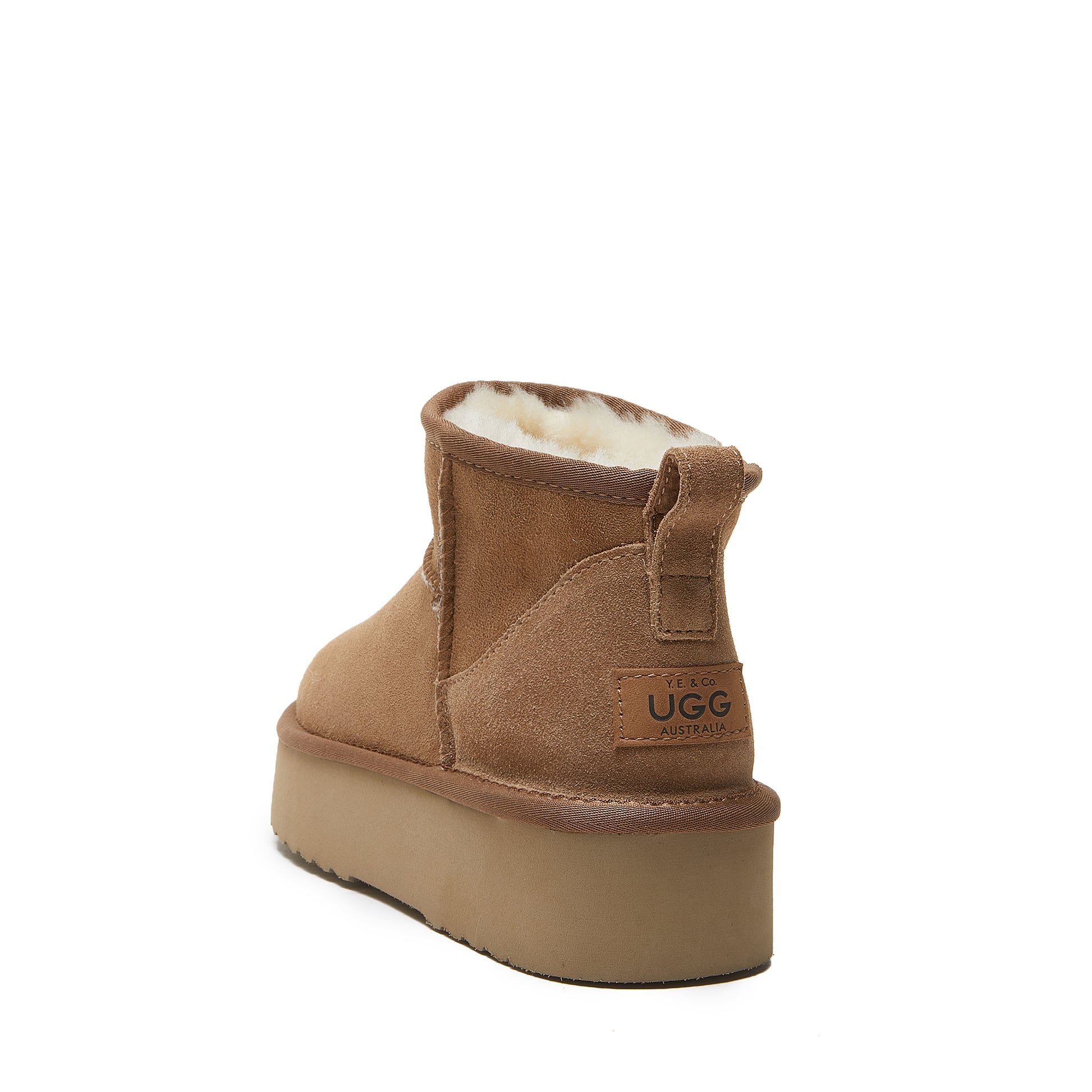 Chestnut suede platform ankle boot with sheepskin lining, rear view. - Yellow Earth Australia