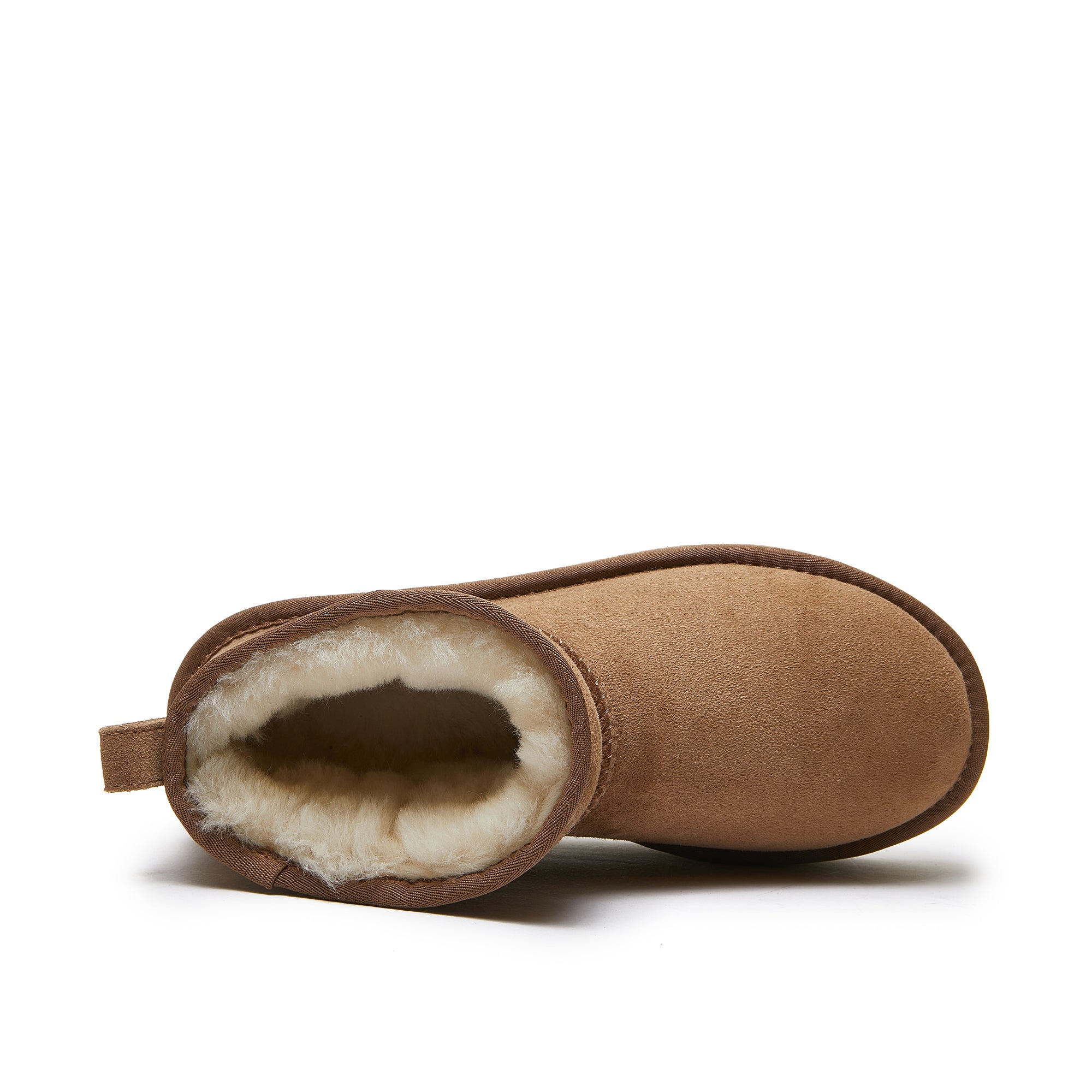 Camel suede mini boot with cream sheepskin lining, top-down view. - Yellow Earth Australia