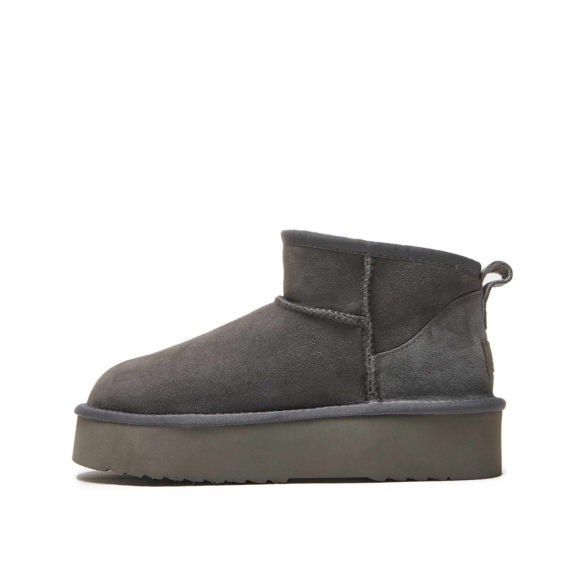 Charcoal grey suede sheepskin mini ankle boot with platform sole, side view. - Yellow Earth Australia