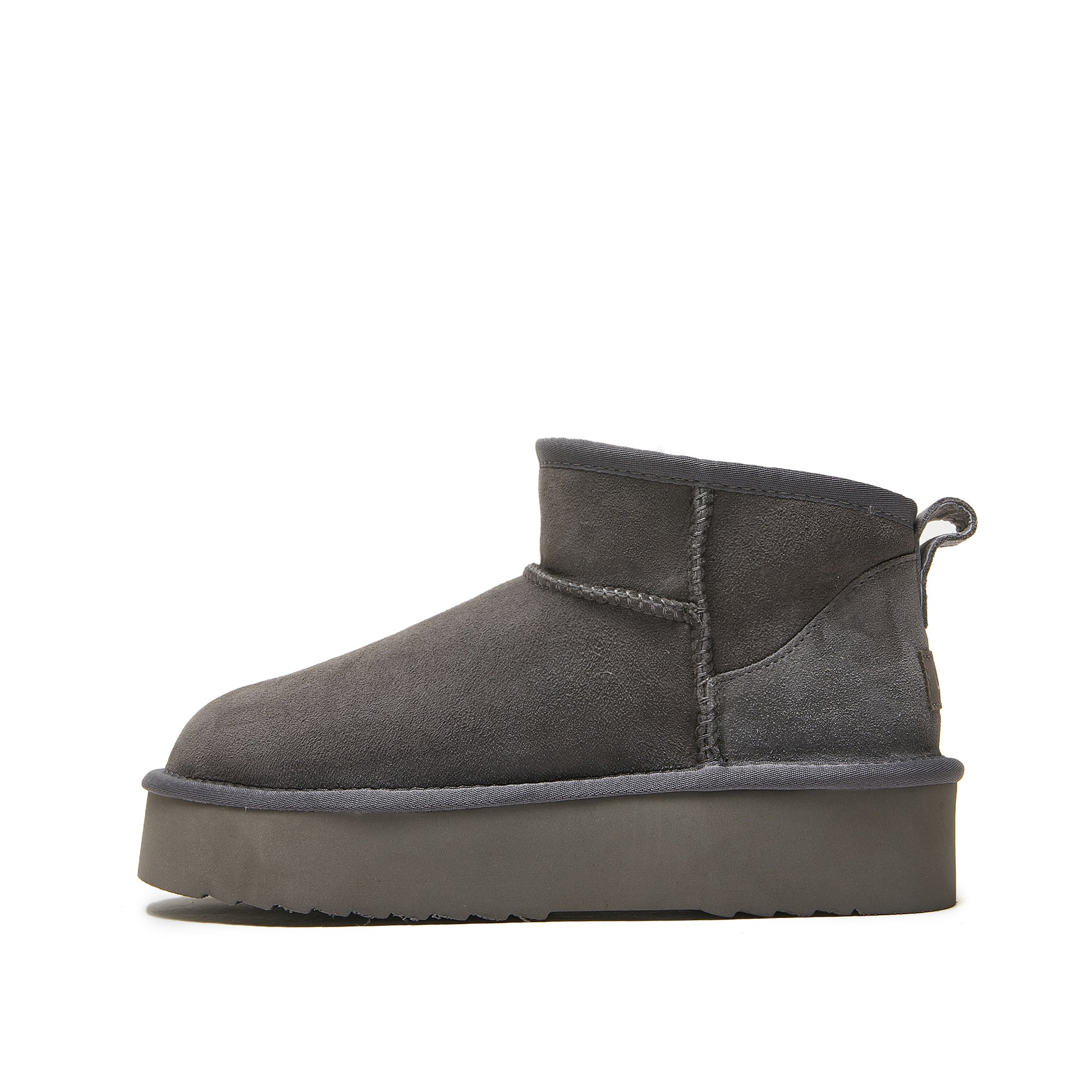 Charcoal grey suede sheepskin mini ankle boot with platform sole, side view. - Yellow Earth Australia