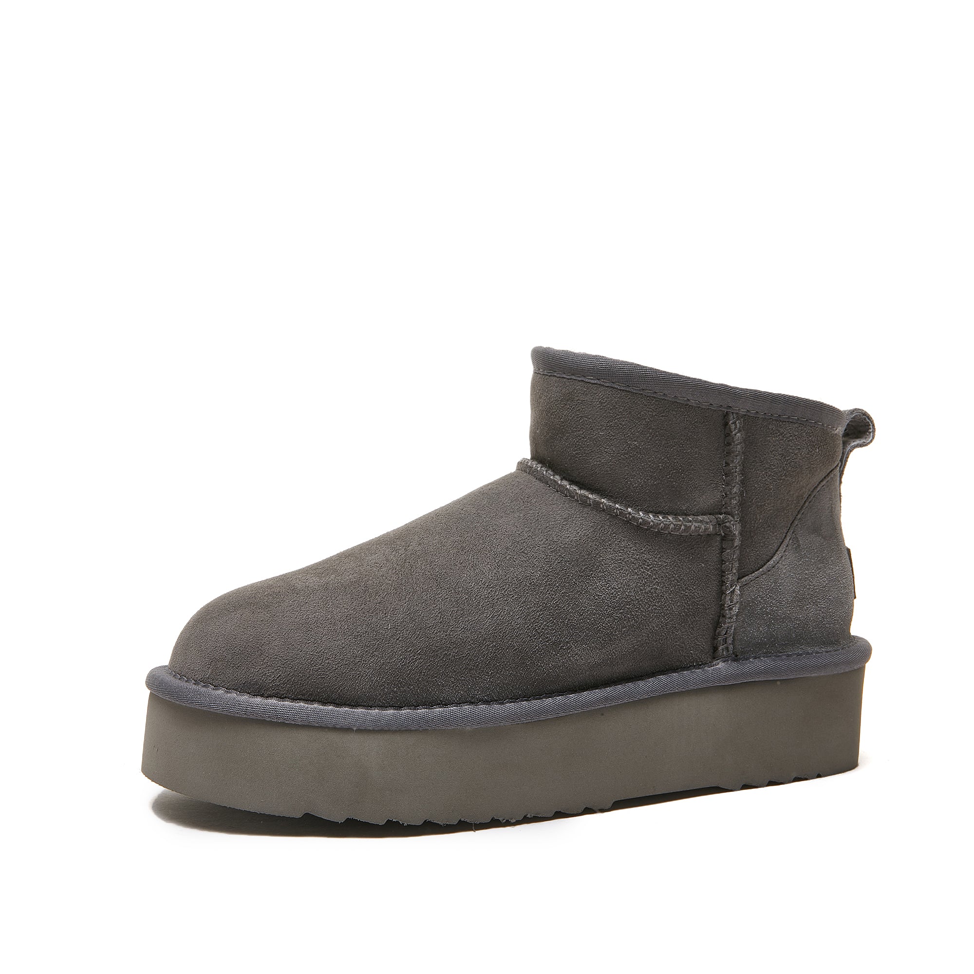 Grey suede platform ankle boot with sheepskin lining, side view. - Yellow Earth Australia