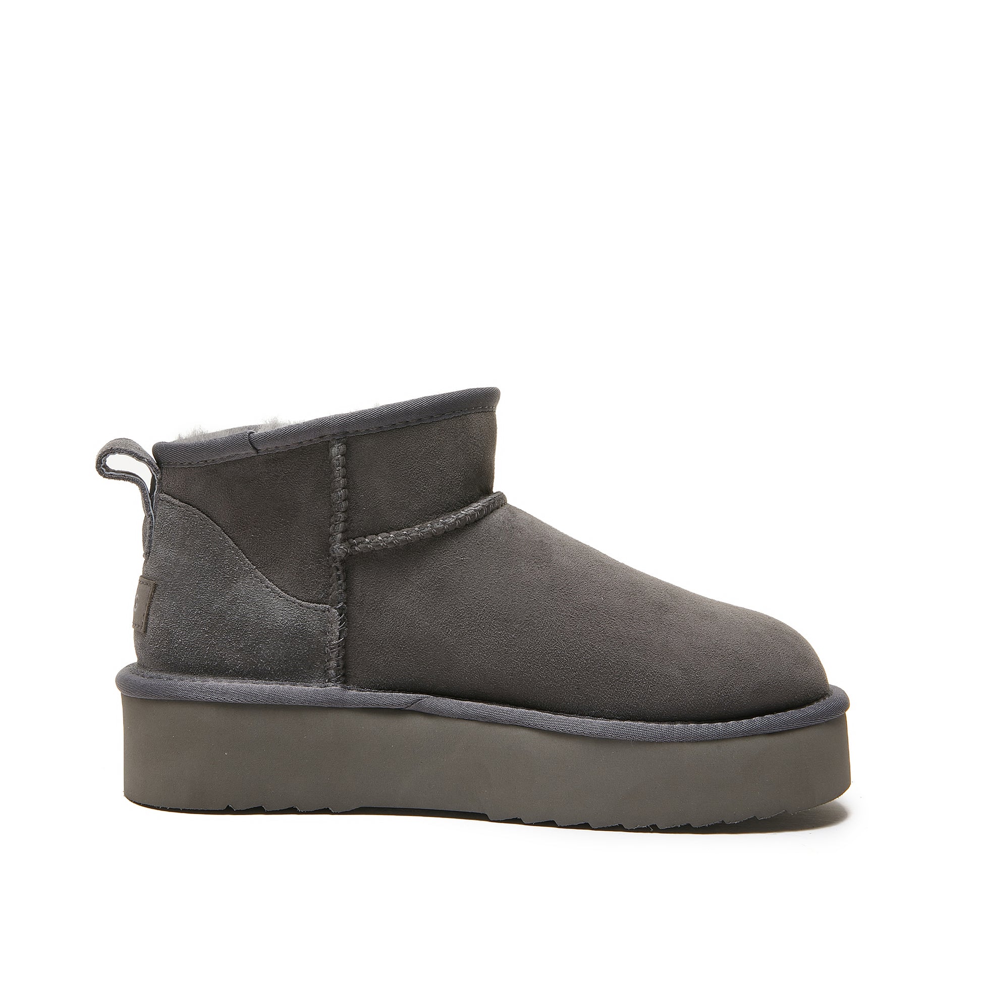 Grey suede sheepskin ankle boot with platform sole, side view. - Yellow Earth Australia