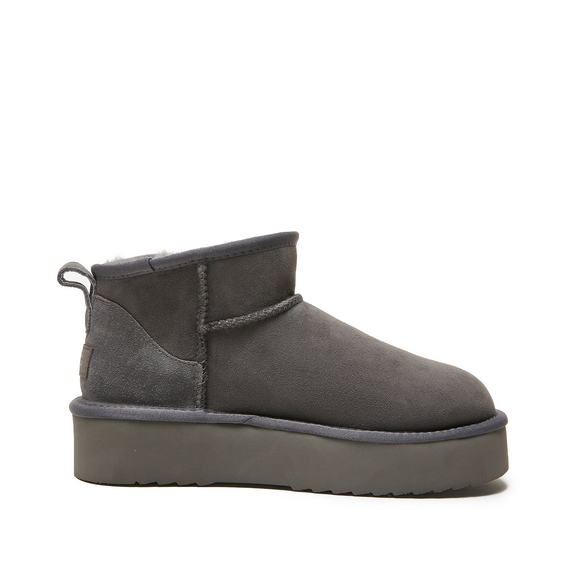 Grey suede sheepskin ankle boot with platform sole, side view. - Yellow Earth Australia