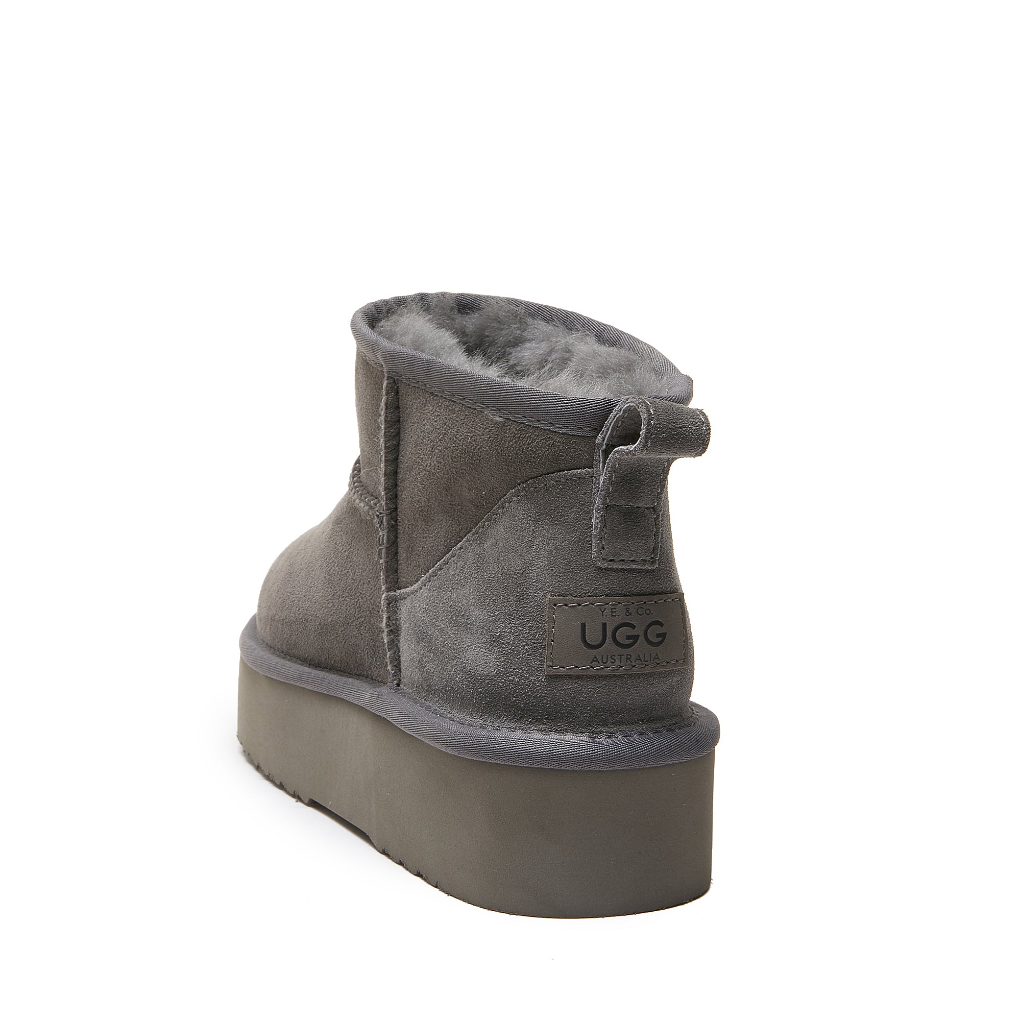 Grey sheepskin platform ankle boot with wool lining, rear view. - Yellow Earth Australia