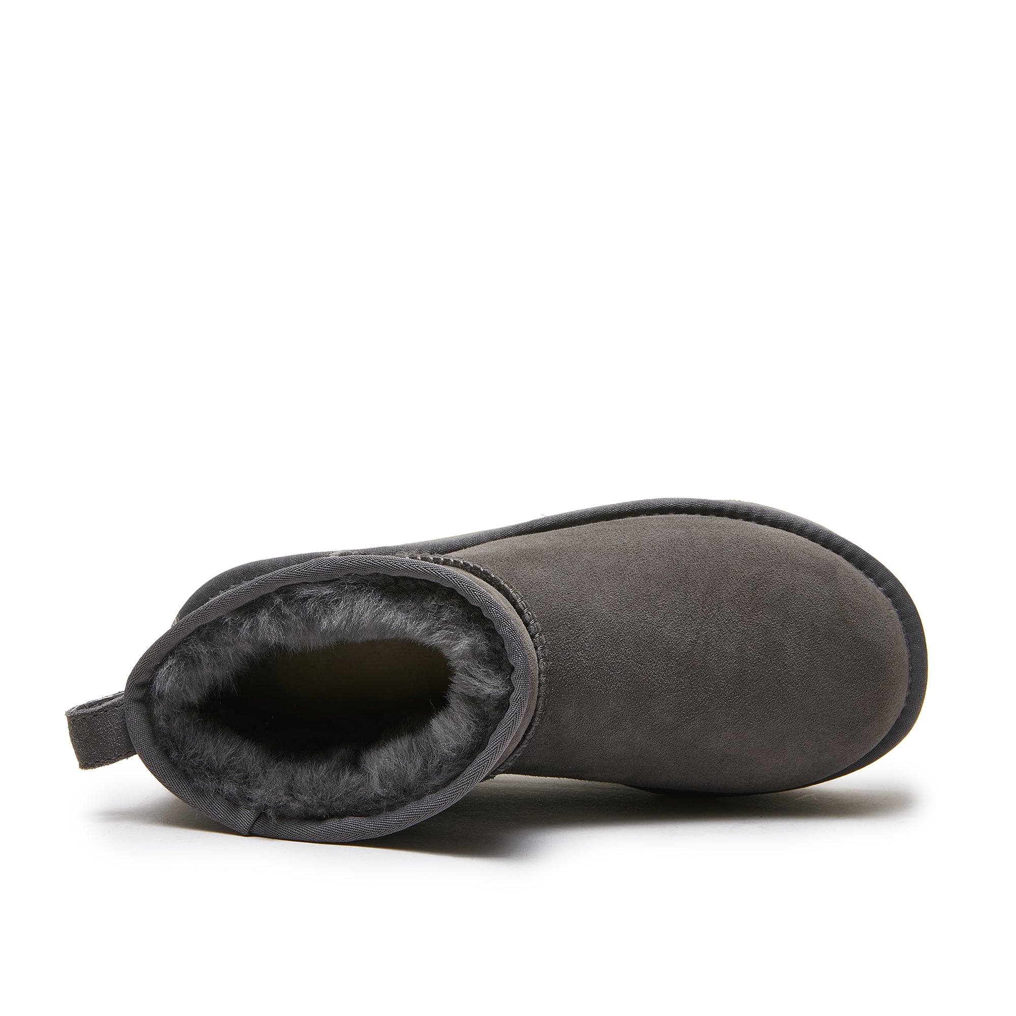Grey suede sheepskin boot with fluffy wool lining, top-down view. - Yellow Earth Australia