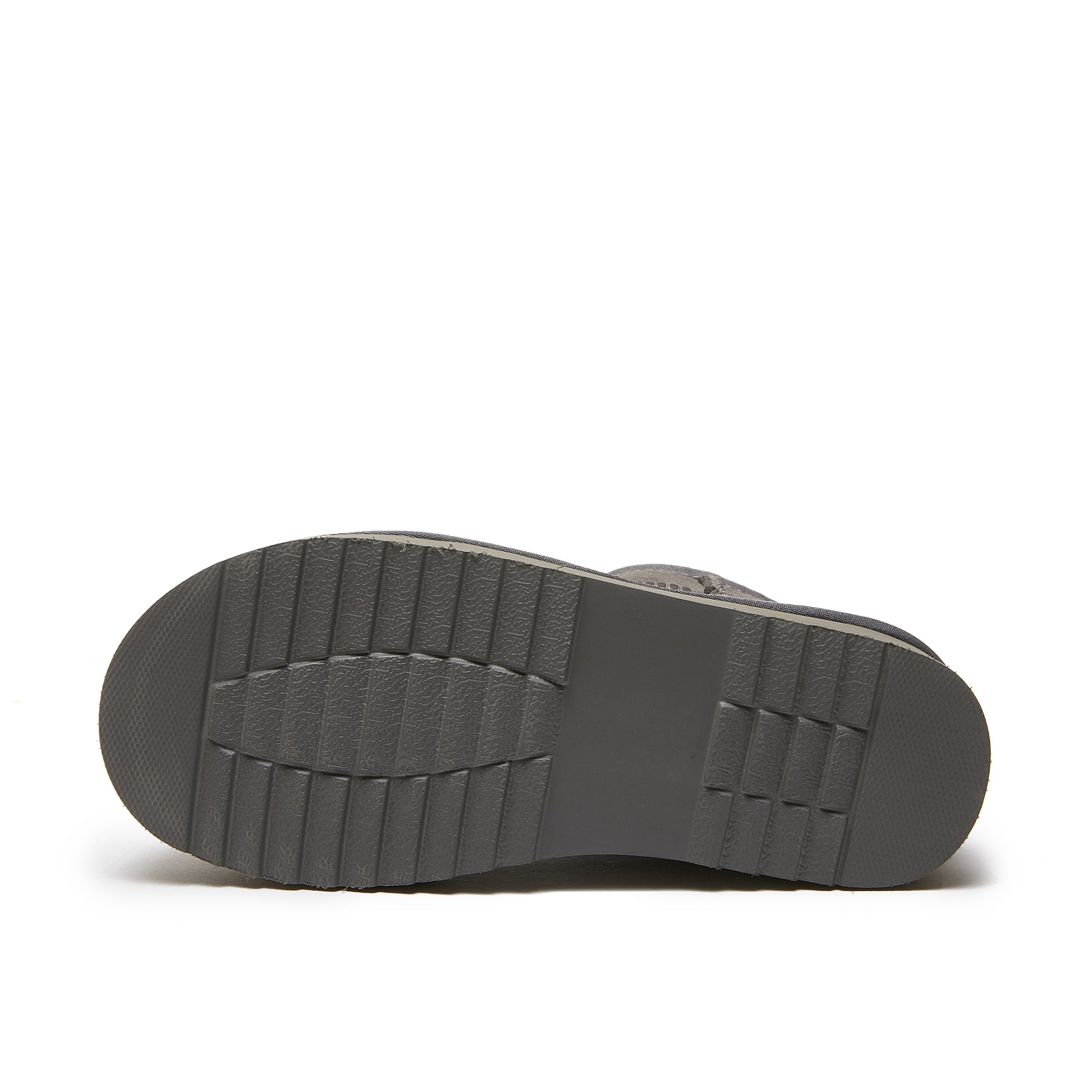 Grey sheepskin boot sole showing textured rubber tread pattern from bottom view. - Yellow Earth Australia