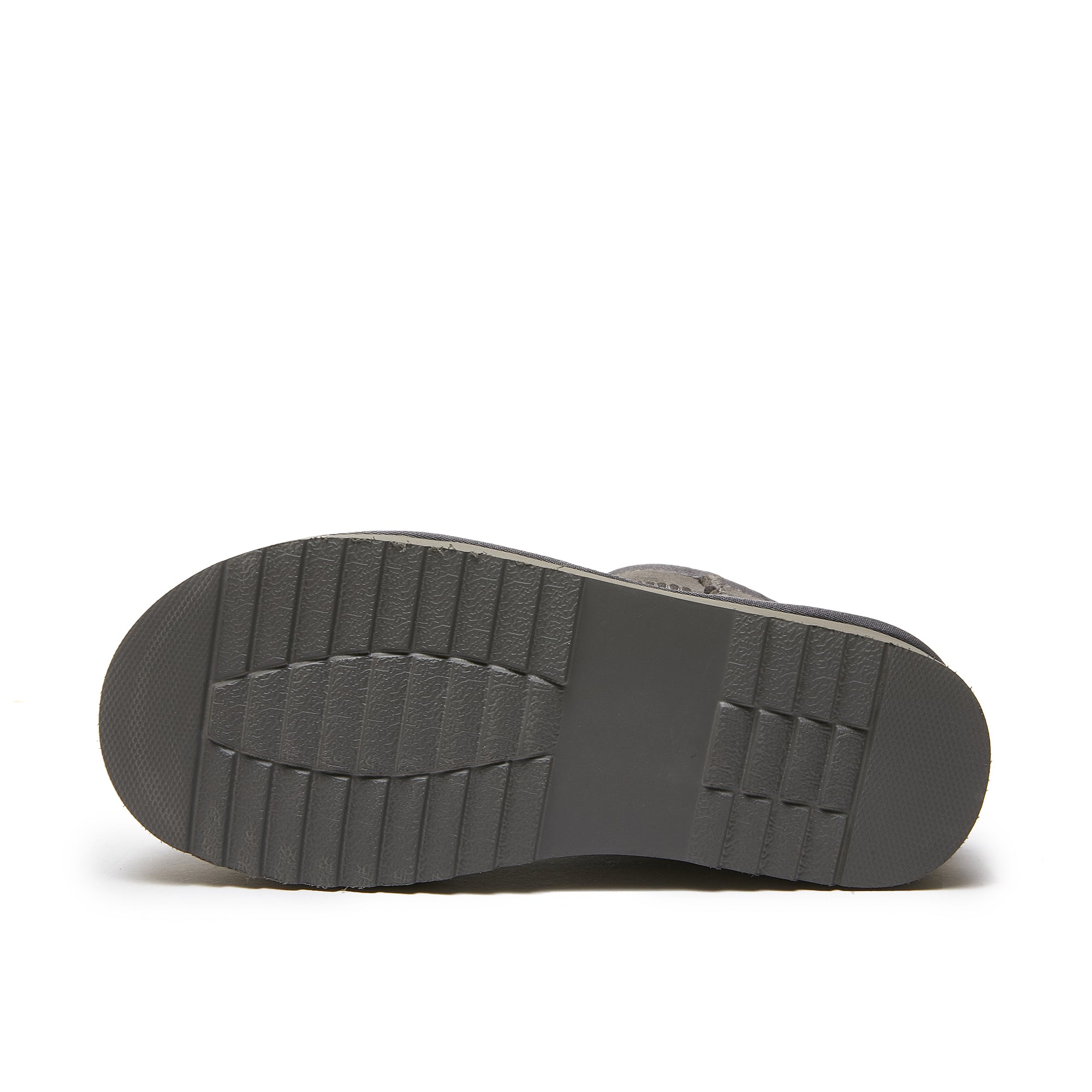 Grey sheepskin boot sole showing textured rubber tread pattern from bottom view. - Yellow Earth Australia
