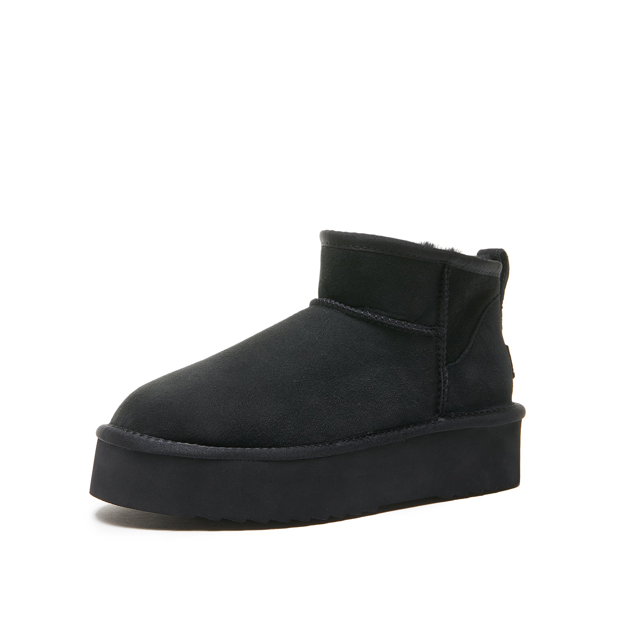 Black suede platform ankle boot with sheepskin lining, side view. - Yellow Earth Australia
