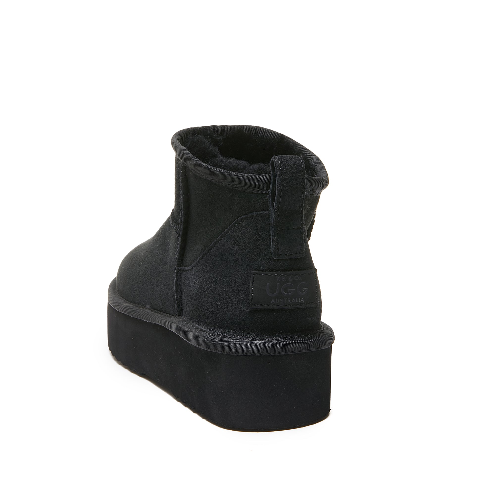 Black suede platform ankle boot with sheepskin lining, rear view. - Yellow Earth Australia