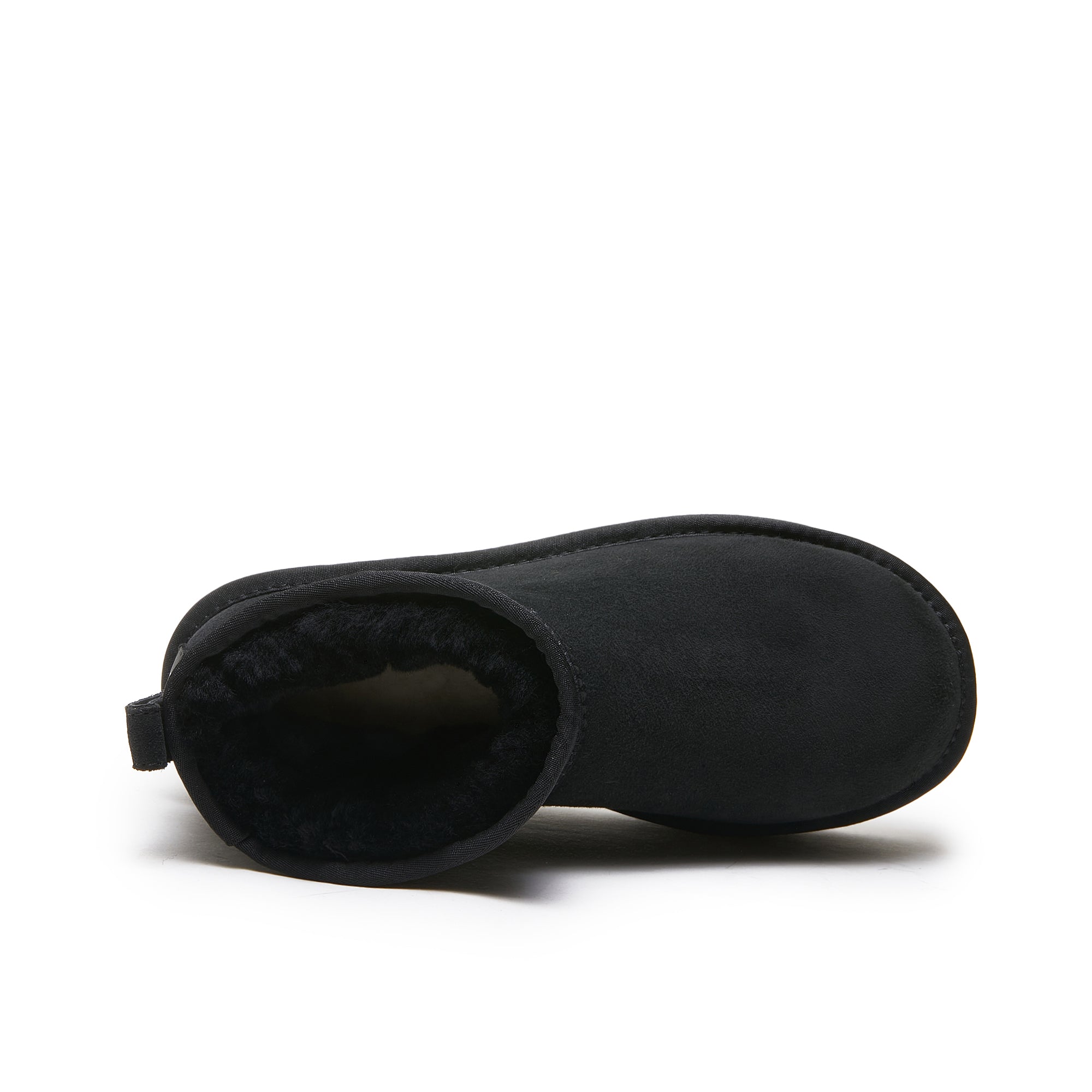 Black suede sheepskin boot viewed from above showing fuzzy wool lining inside. - Yellow Earth Australia