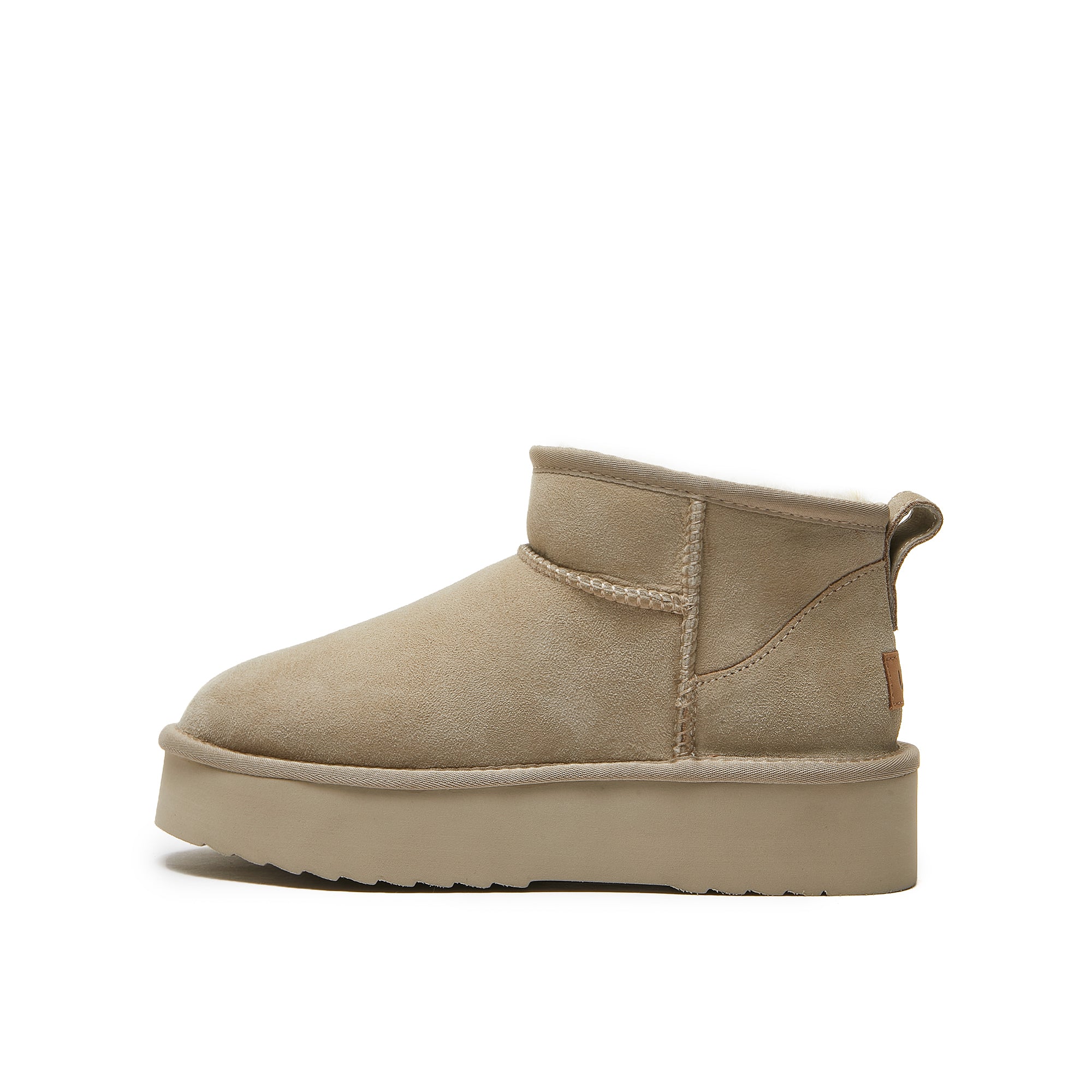 Beige sheepskin platform ankle boot with suede upper, side view. - Yellow Earth Australia