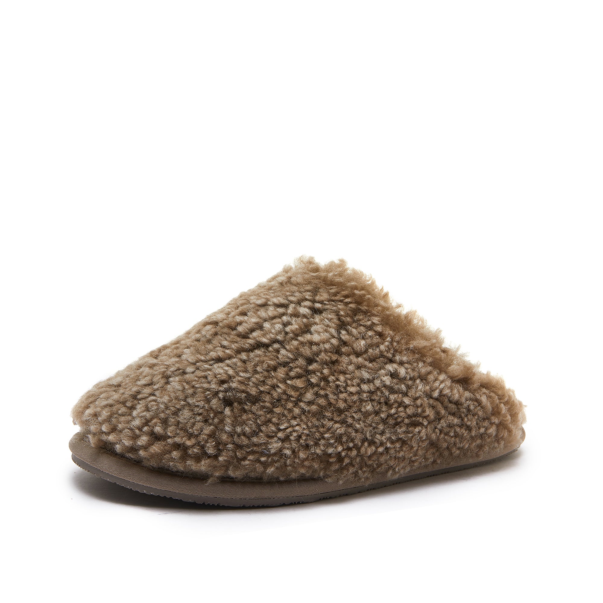 Beige sheepskin wool slipper with fluffy texture, side view on white background. - Yellow Earth Australia