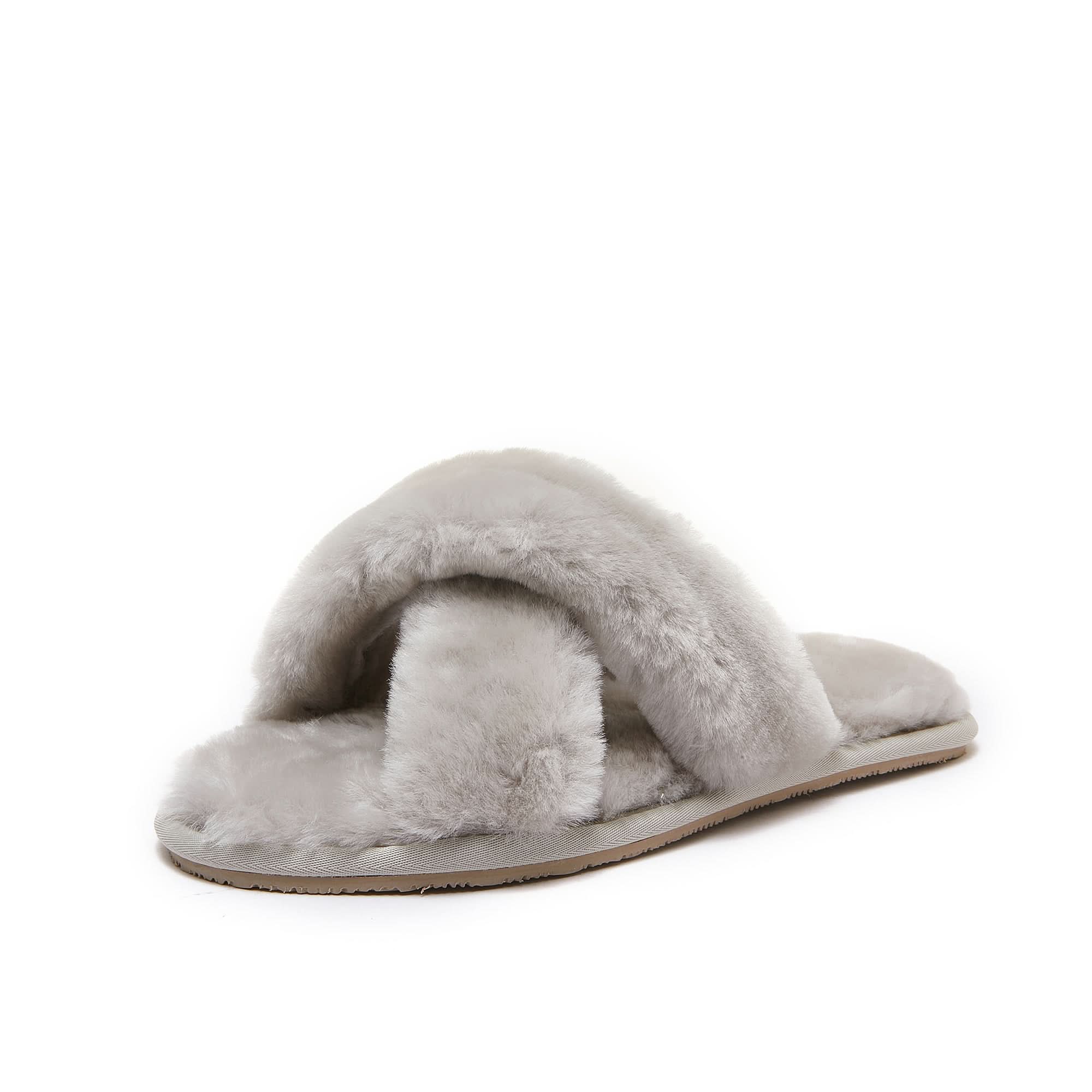 Beige sheepskin slider slipper with fluffy wool upper, side view. - Yellow Earth Australia