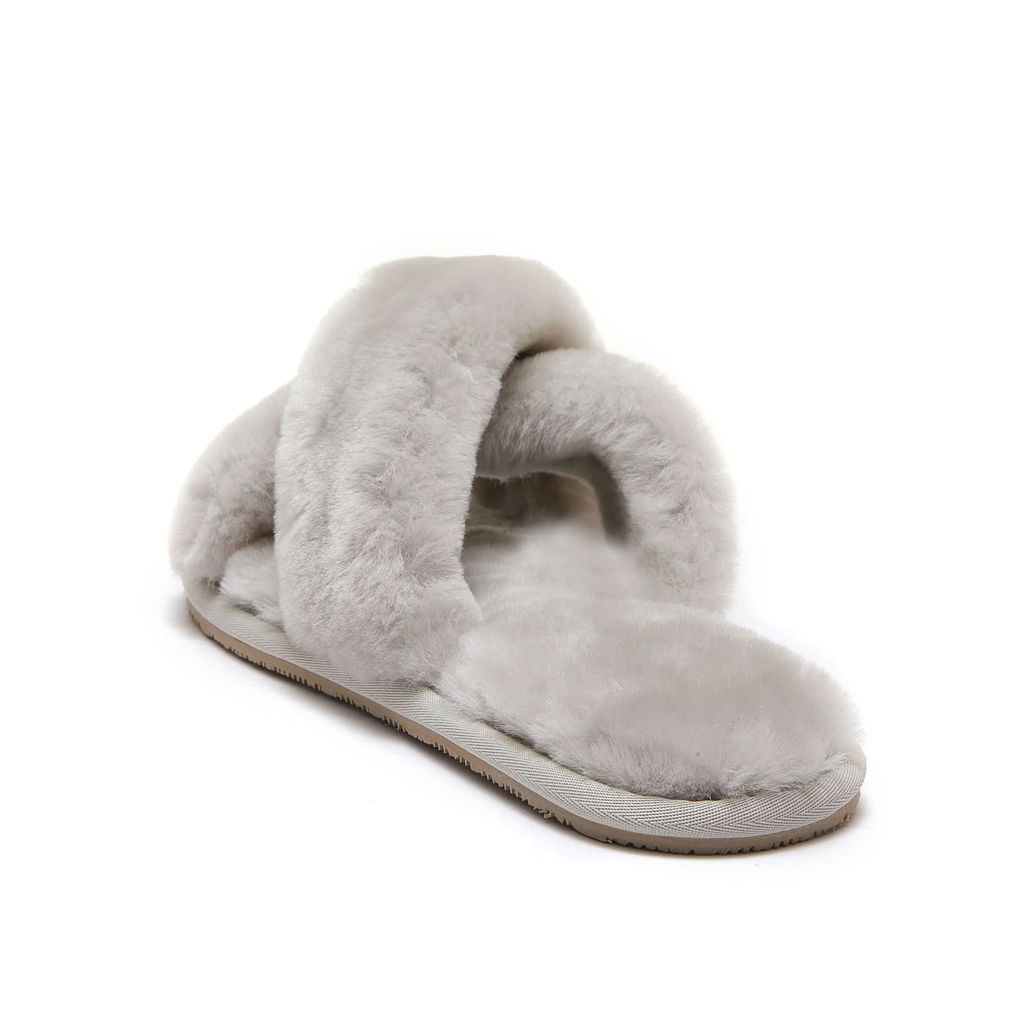 Cream sheepskin slipper boot with fluffy wool lining, side view angle. - Yellow Earth Australia