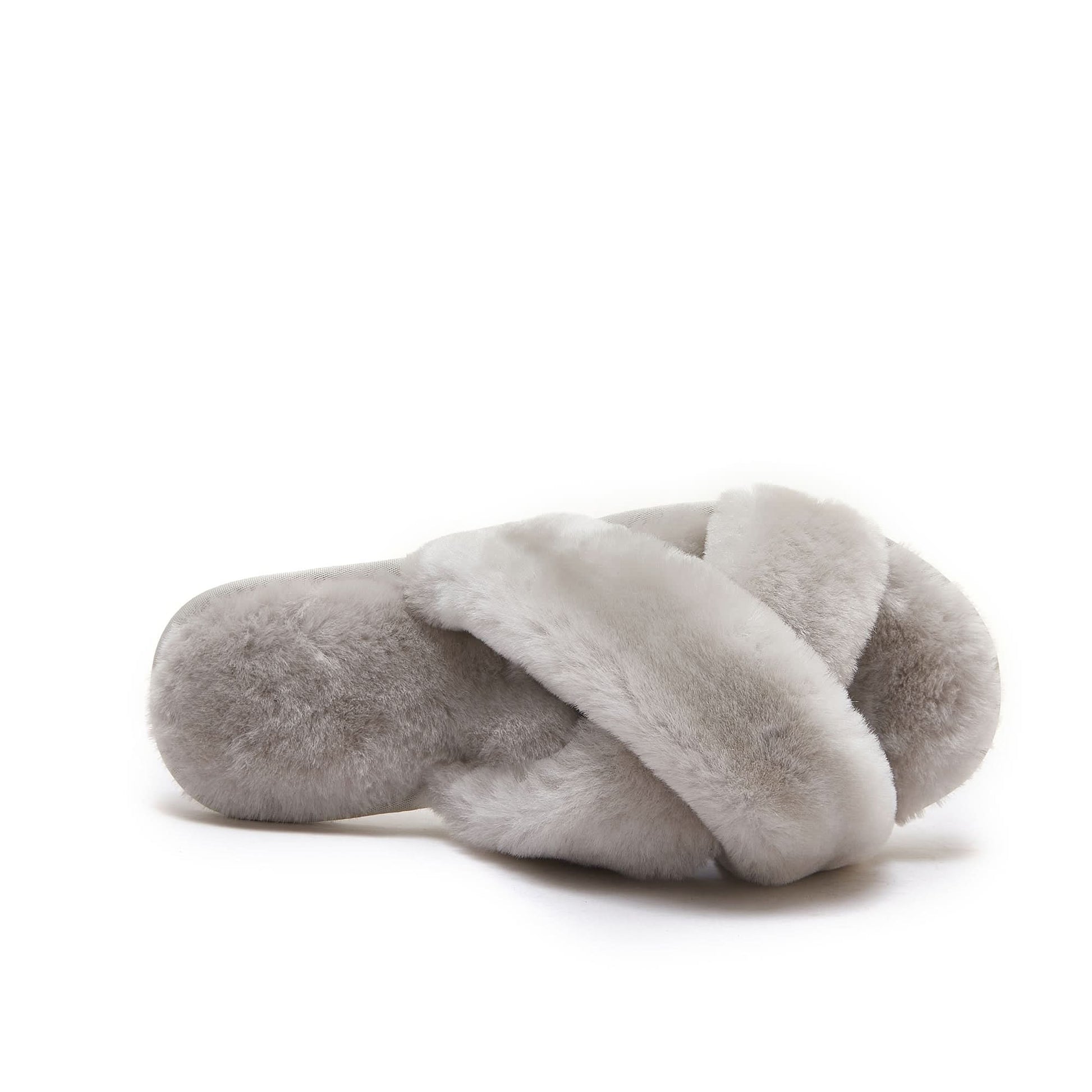 Soft grey and white sheepskin slippers with plush wool lining, side view. - Yellow Earth Australia