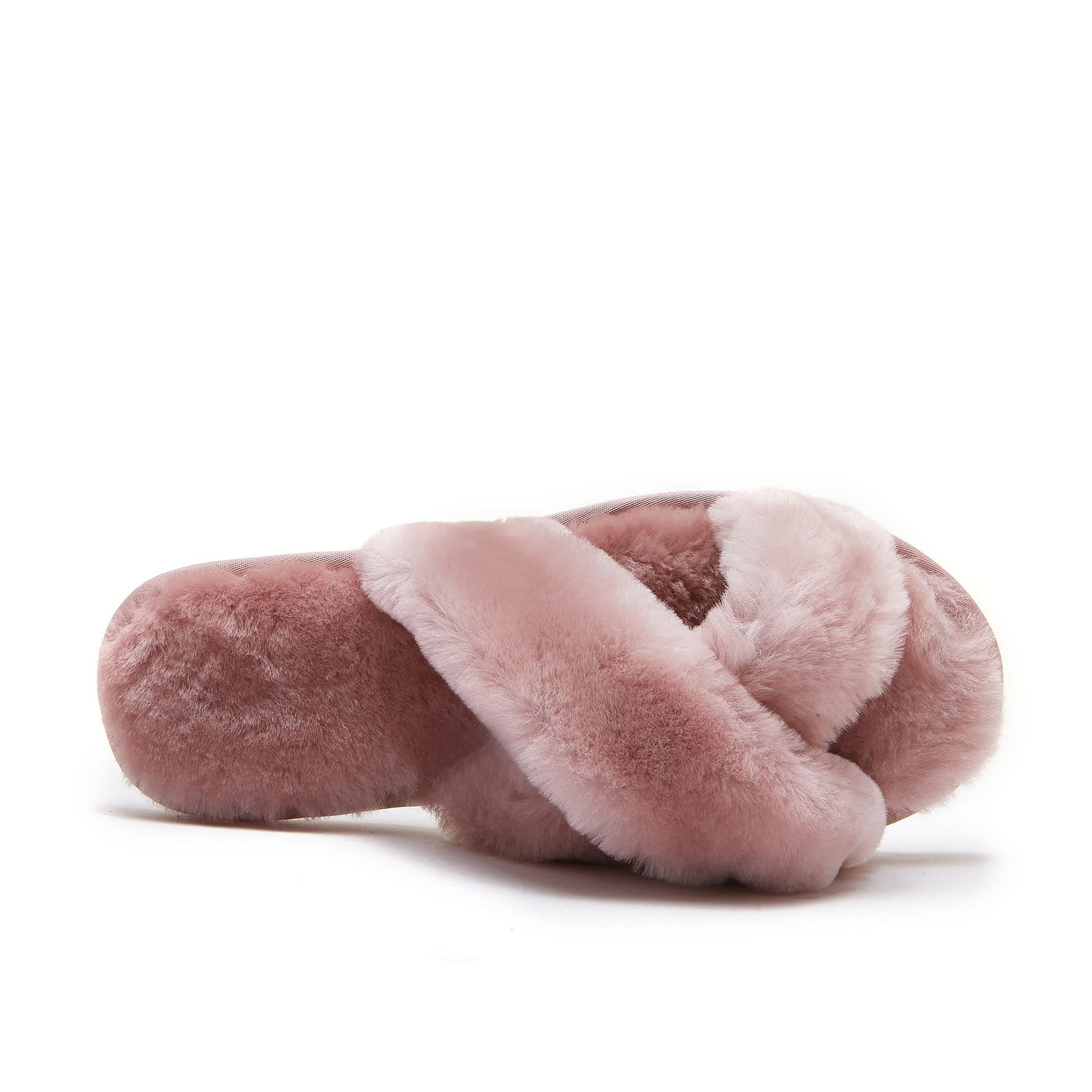 Soft pink sheepskin slippers with fluffy wool lining, top view. - Yellow Earth Australia