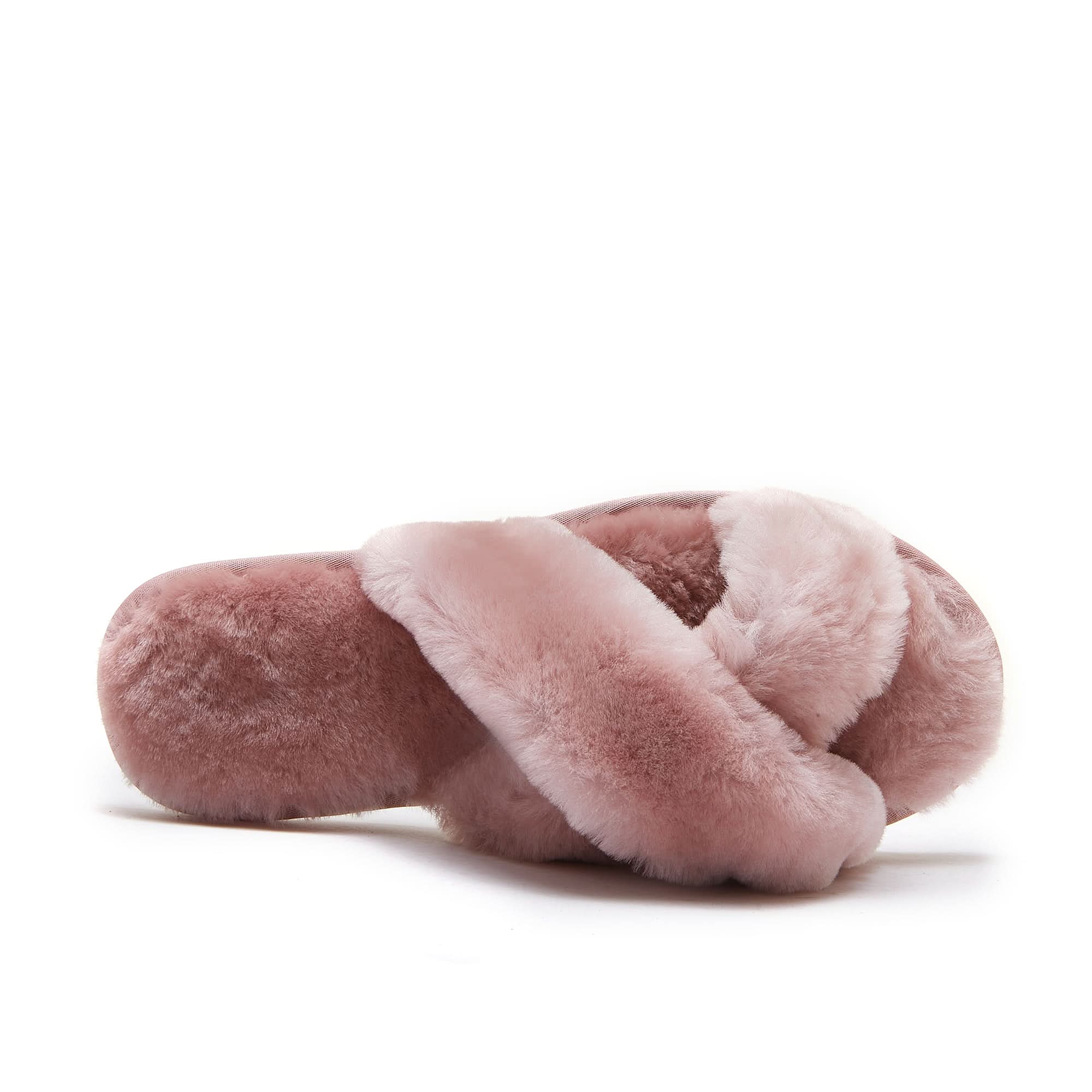 Soft pink sheepskin slippers with fluffy wool lining, top view. - Yellow Earth Australia