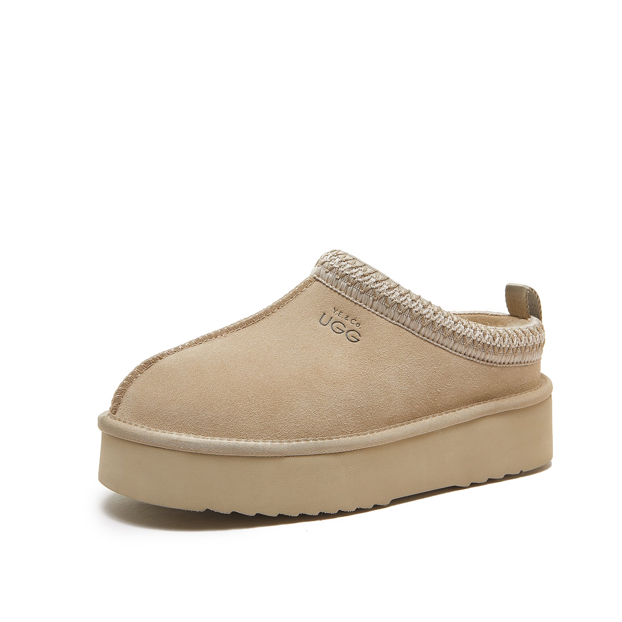 Beige platform slipper with sheepskin lining and chunky crepe sole, side view. - Yellow Earth Australia