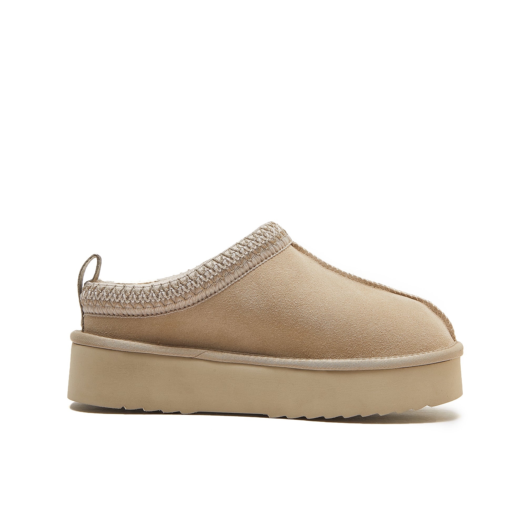 Beige suede platform clog slipper with chunky sole, side view. - Yellow Earth Australia