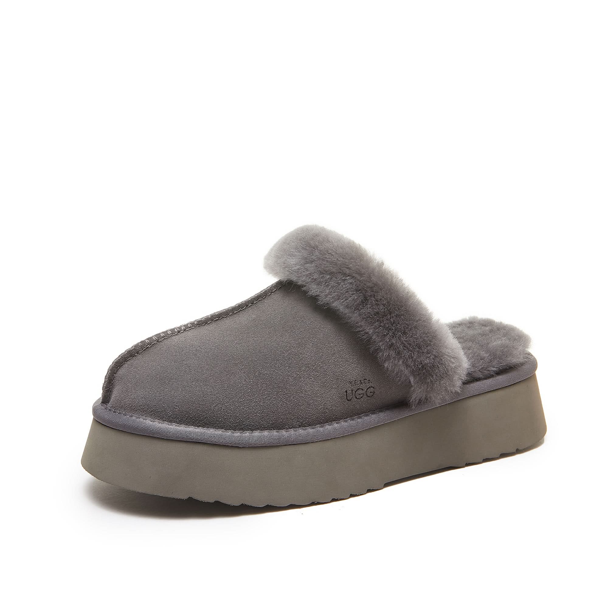 Grey sheepskin fur lined platform slipper mule with fluffy cuff, side view. - Yellow Earth Australia