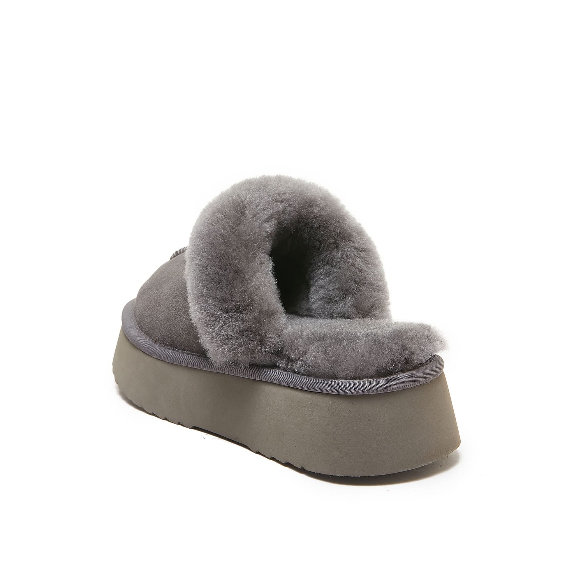 Grey sheepskin slipper with fluffy wool lining and platform sole, side view. - Yellow Earth Australia