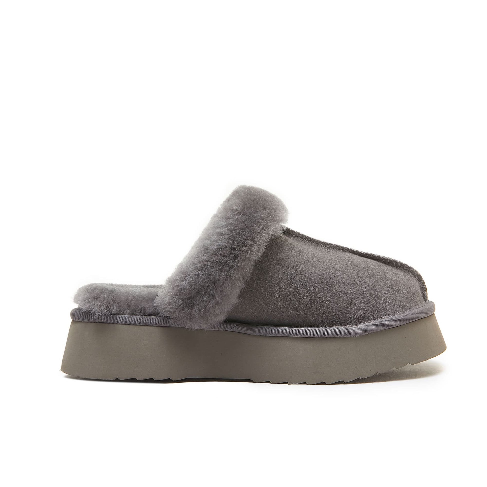 Grey sheepskin slipper with fluffy wool cuff and chunky platform sole, side view. - Yellow Earth Australia