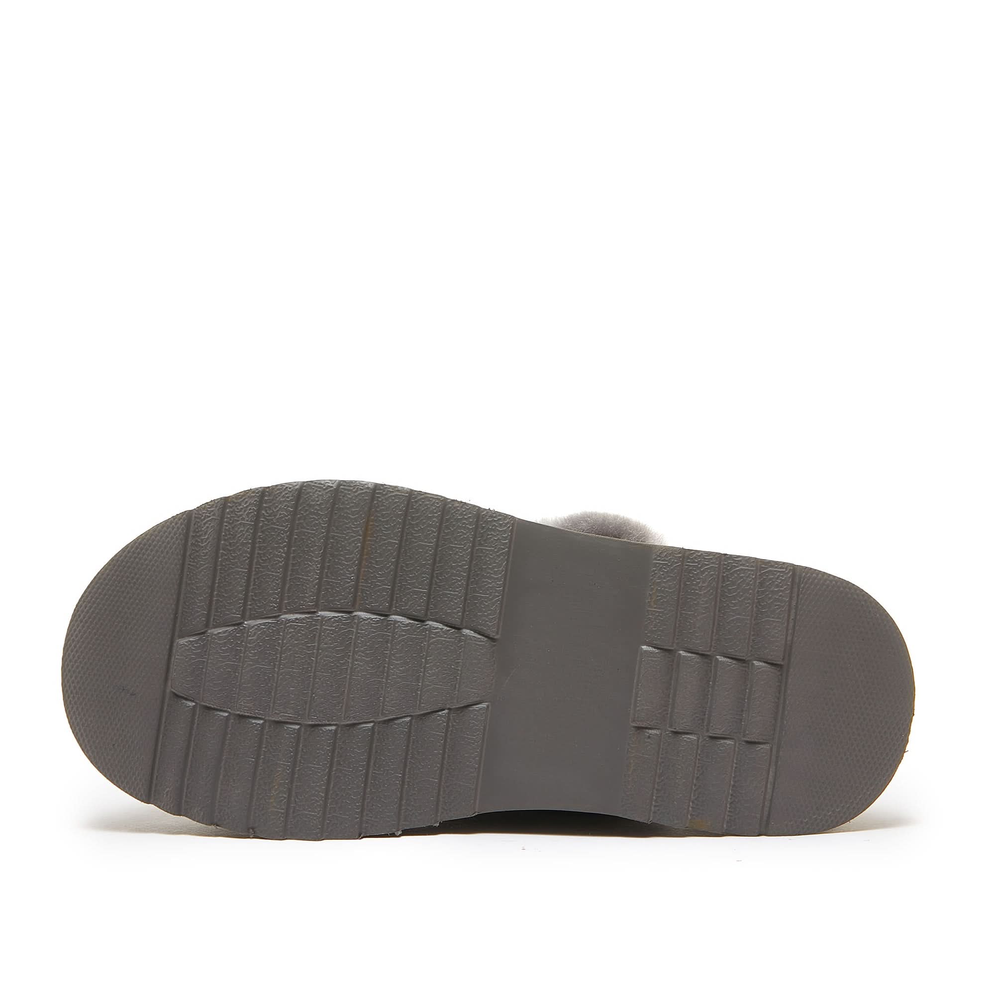 Grey sheepskin slipper sole showing textured rubber tread pattern from below. - Yellow Earth Australia
